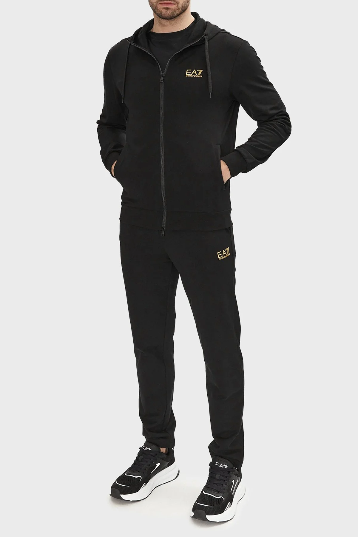 EA7 Logolu Regular Fit Fermuarlı Kapüşonlu Erkek Eşofman Takımı 8NPV62 PJVRZ 0208 Siyah - 1