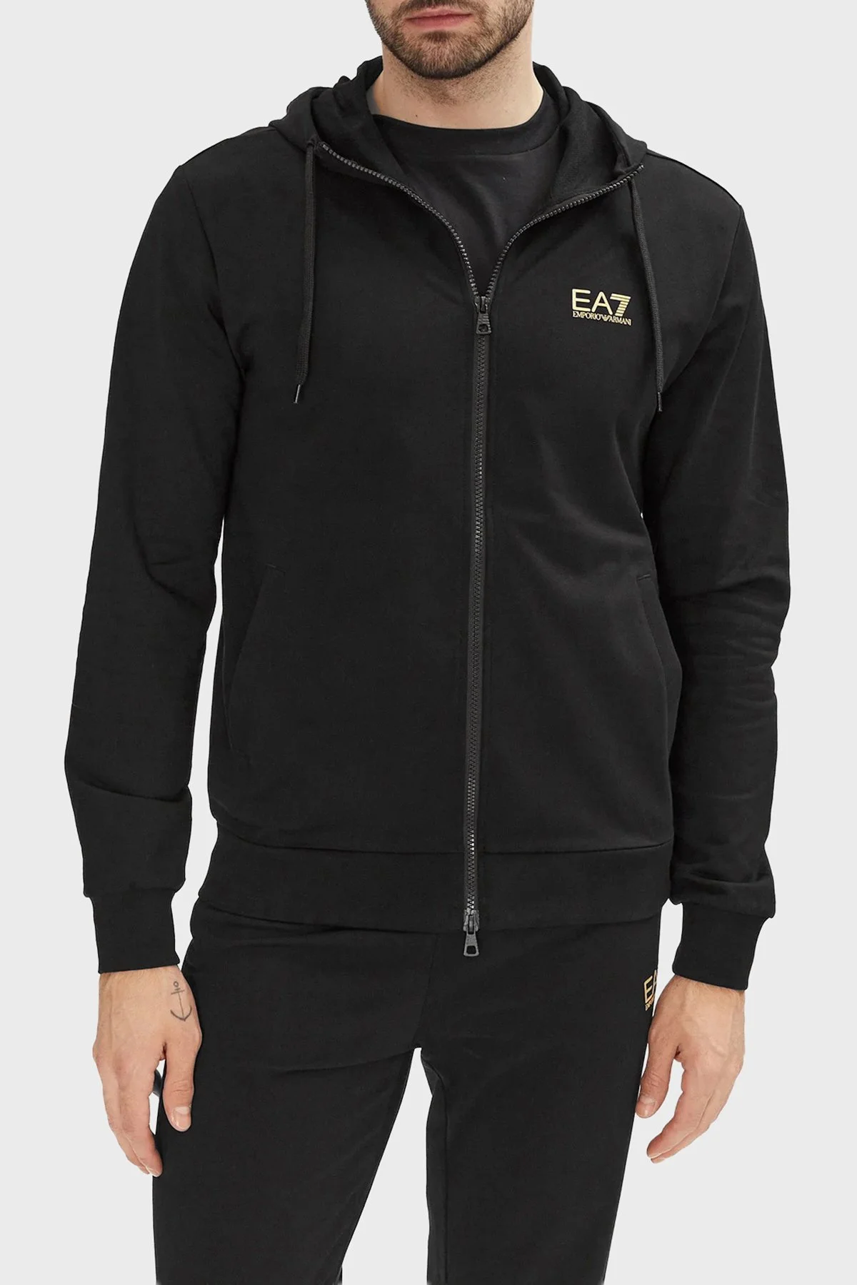 EA7 Logolu Regular Fit Fermuarlı Kapüşonlu Erkek Eşofman Takımı 8NPV62 PJVRZ 0208 Siyah - 3