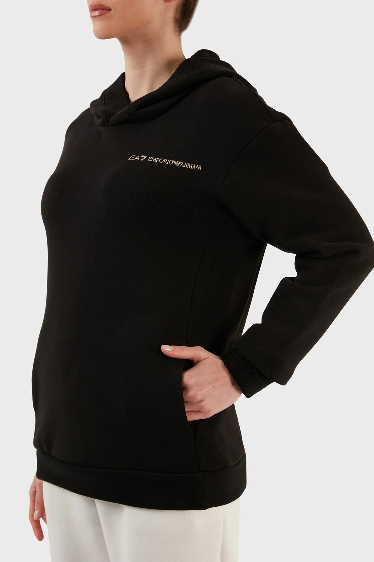EA7 Logolu Regular Fit Kapüşonlu % 100 Pamuk Kalın Kışlık Bayan Sweat 6LTM13 TJGDZ 1200 SİYAH - 2