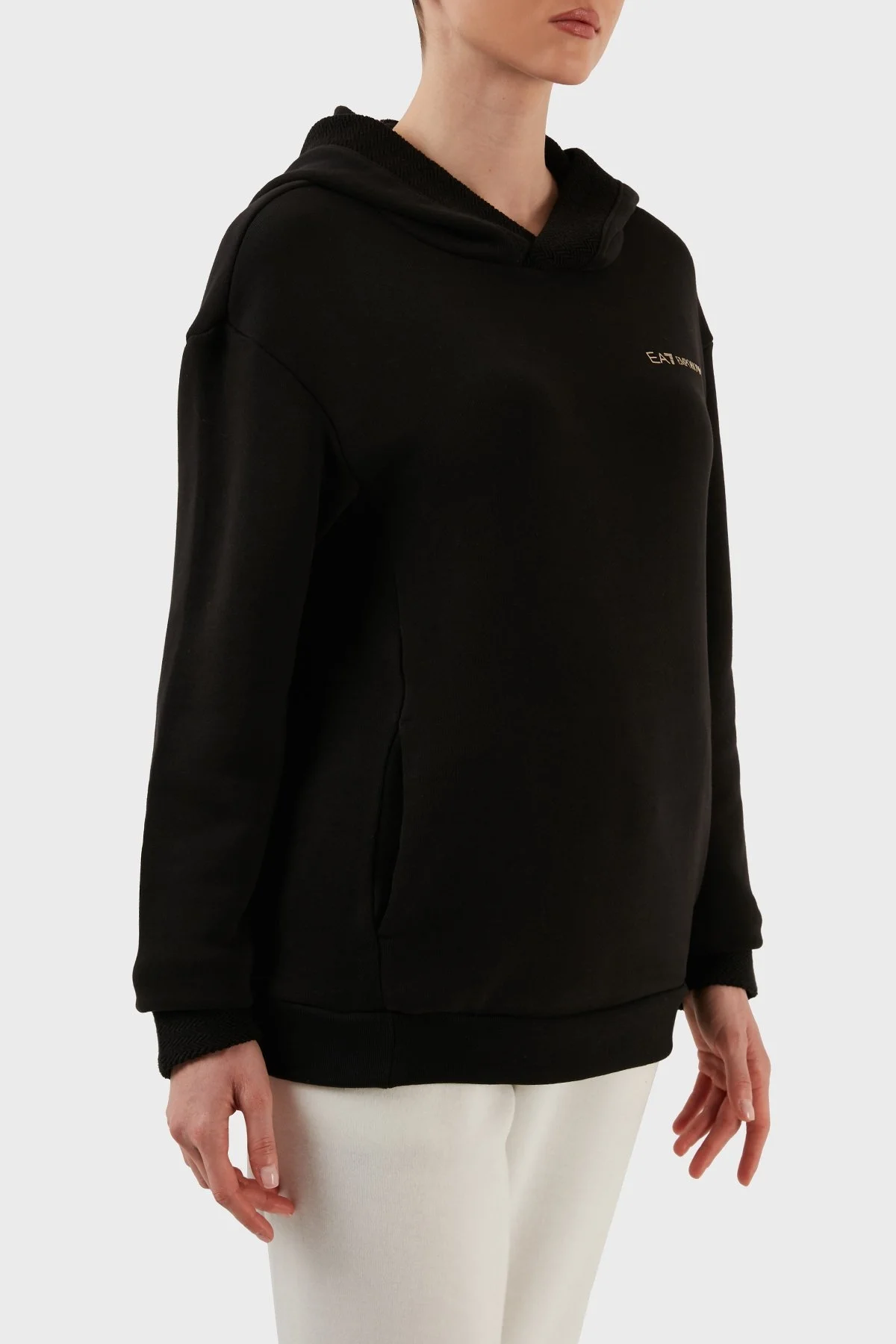 EA7 Logolu Regular Fit Kapüşonlu % 100 Pamuk Kalın Kışlık Bayan Sweat 6LTM13 TJGDZ 1200 SİYAH - 3