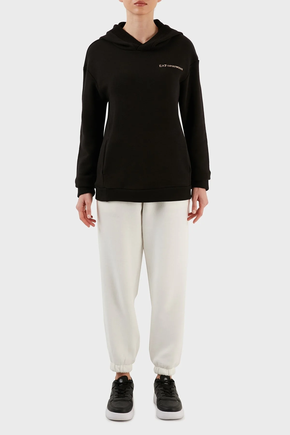 EA7 Logolu Regular Fit Kapüşonlu % 100 Pamuk Kalın Kışlık Bayan Sweat 6LTM13 TJGDZ 1200 SİYAH - 4