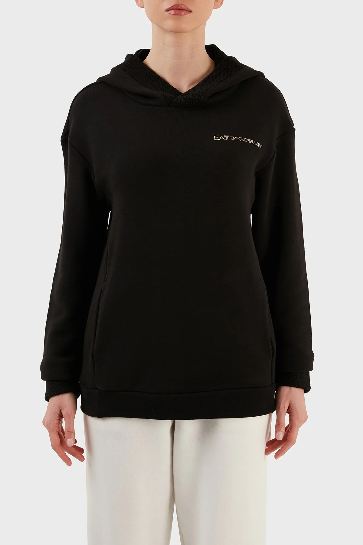 EA7 Logolu Regular Fit Kapüşonlu % 100 Pamuk Kalın Kışlık Kadın Sweat 6LTM13 TJGDZ 1200 SİYAH - 1