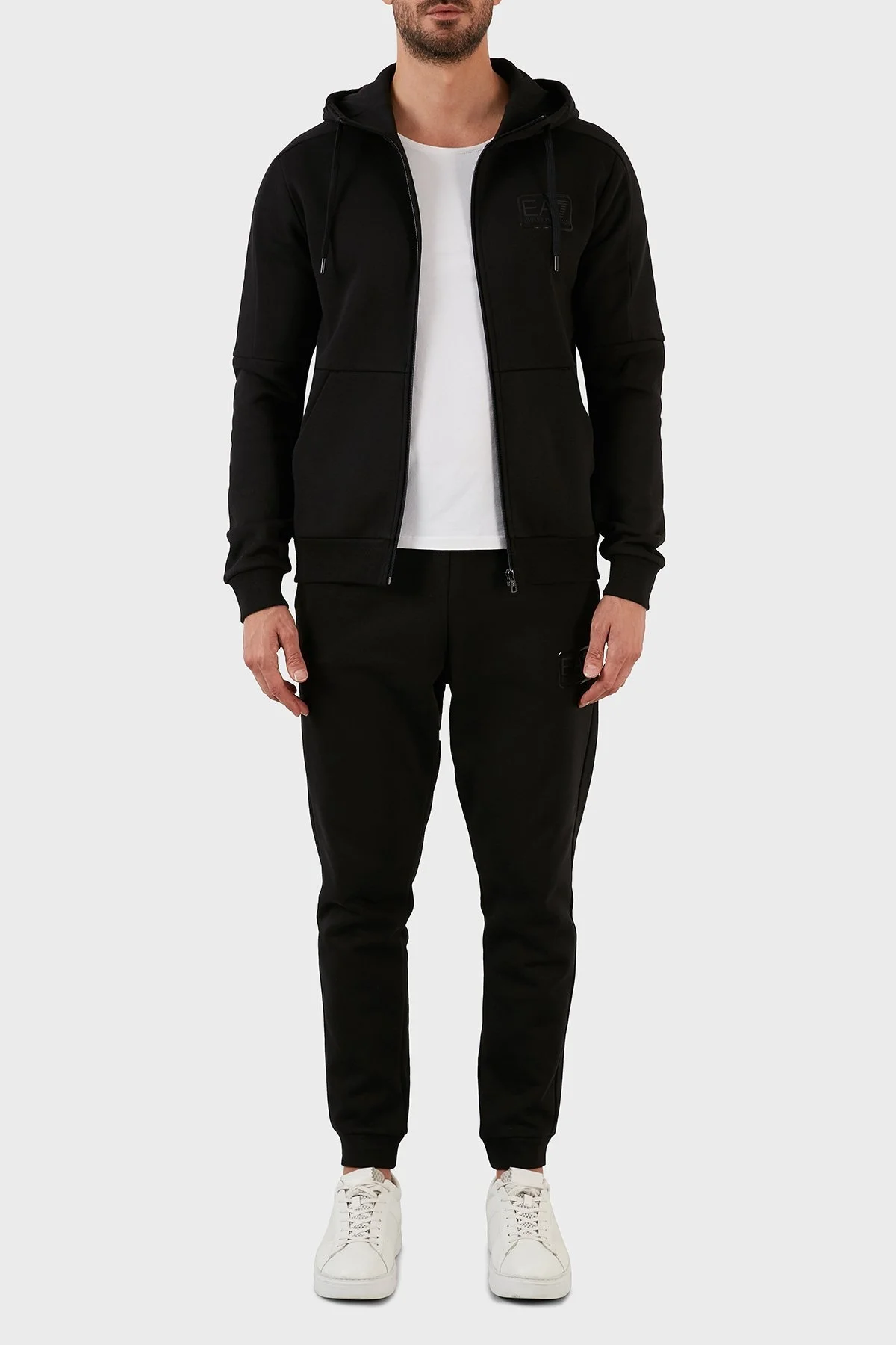 EA7 Logolu Regular Fit Kapüşonlu Fermuarlı Pamuklu Erkek Eşofman Takım 6LPV68 PJ07Z 1200 SİYAH - 1