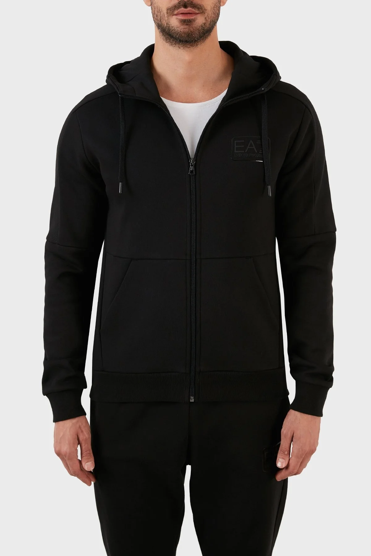 EA7 Logolu Regular Fit Kapüşonlu Fermuarlı Pamuklu Erkek Eşofman Takım 6LPV68 PJ07Z 1200 SİYAH - 2