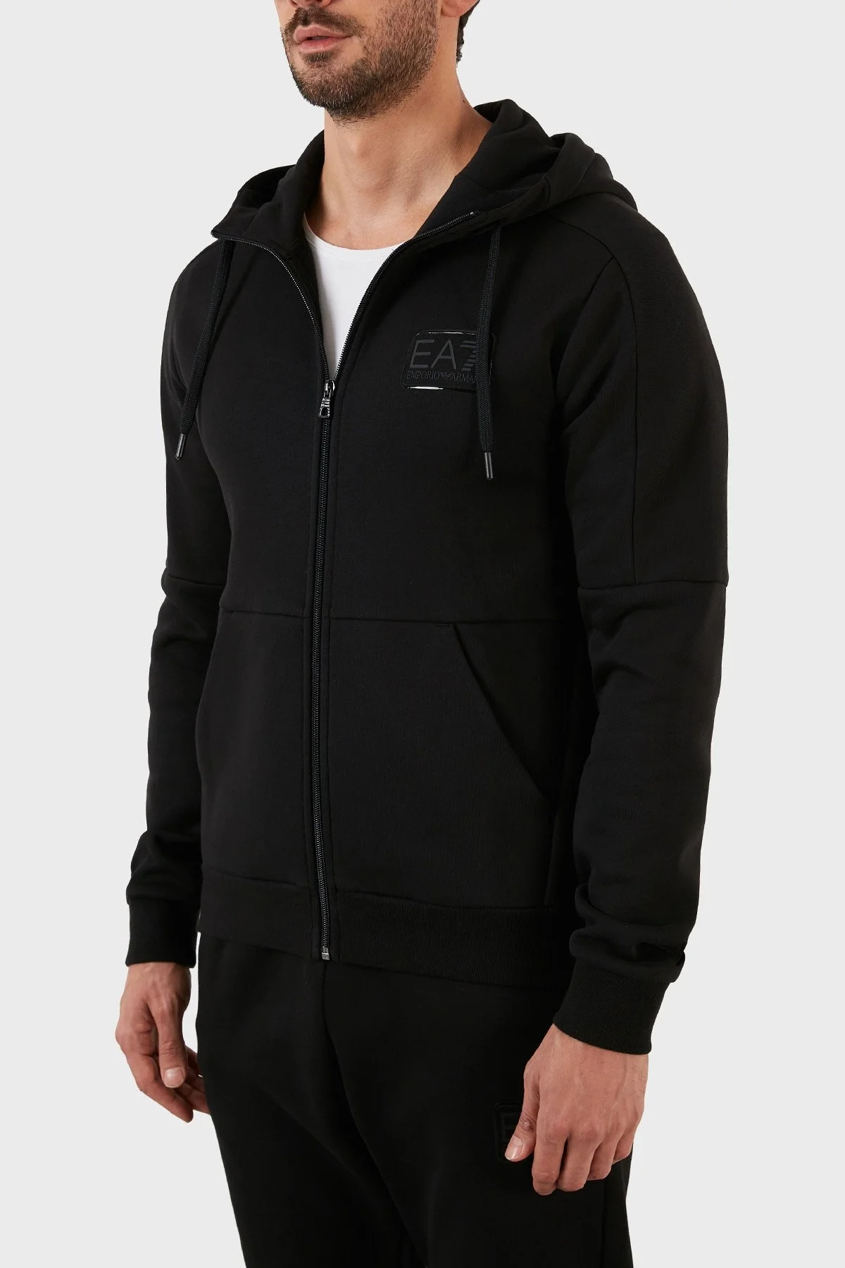EA7 Logolu Regular Fit Kapüşonlu Fermuarlı Pamuklu Erkek Eşofman Takım 6LPV68 PJ07Z 1200 SİYAH - 3