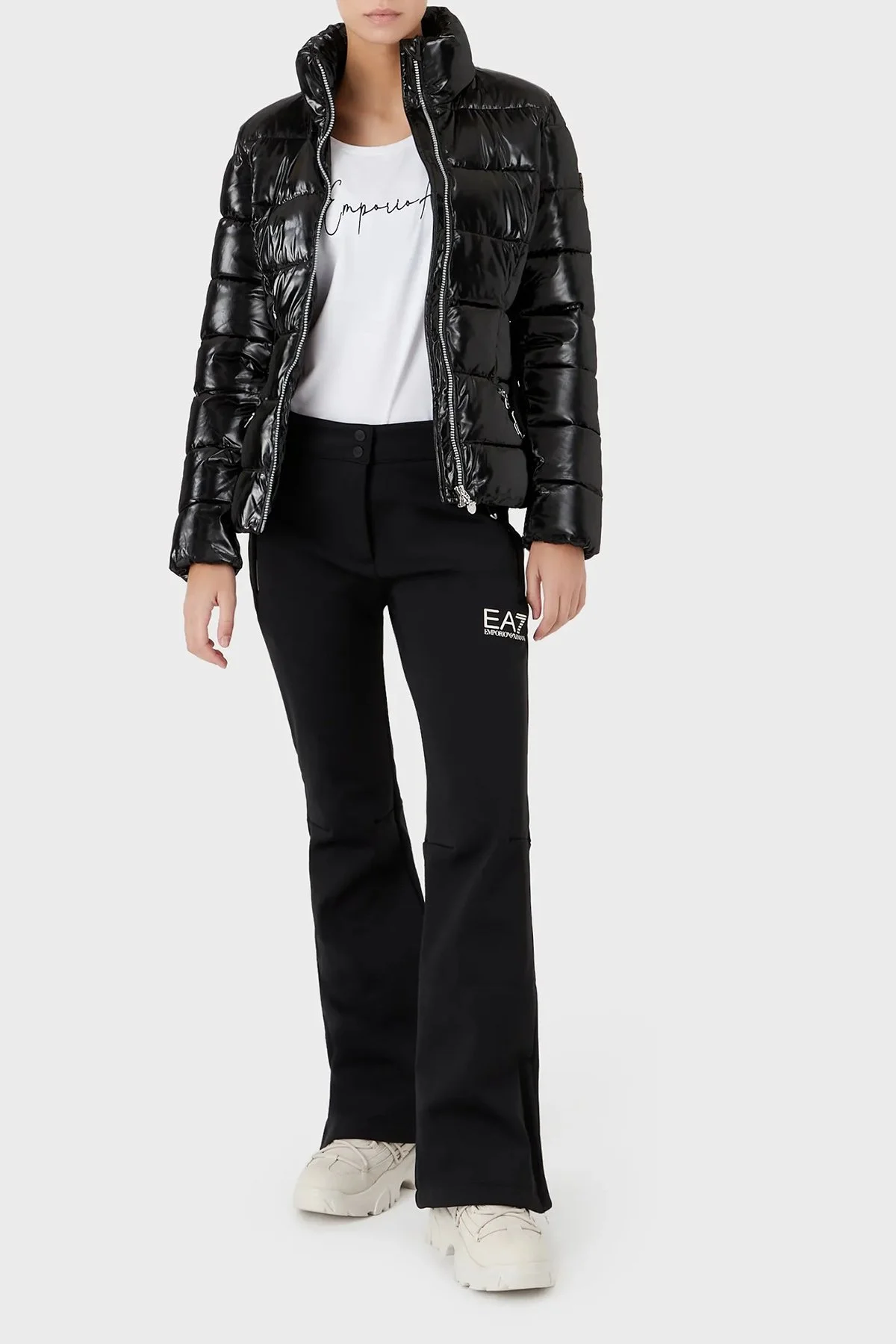EA7 Logolu Regular Fit Kemerli Parlak Görünümlü Dik Yaka Kadın Mont 6LTB12 TNAUZ 1200 SİYAH - 3