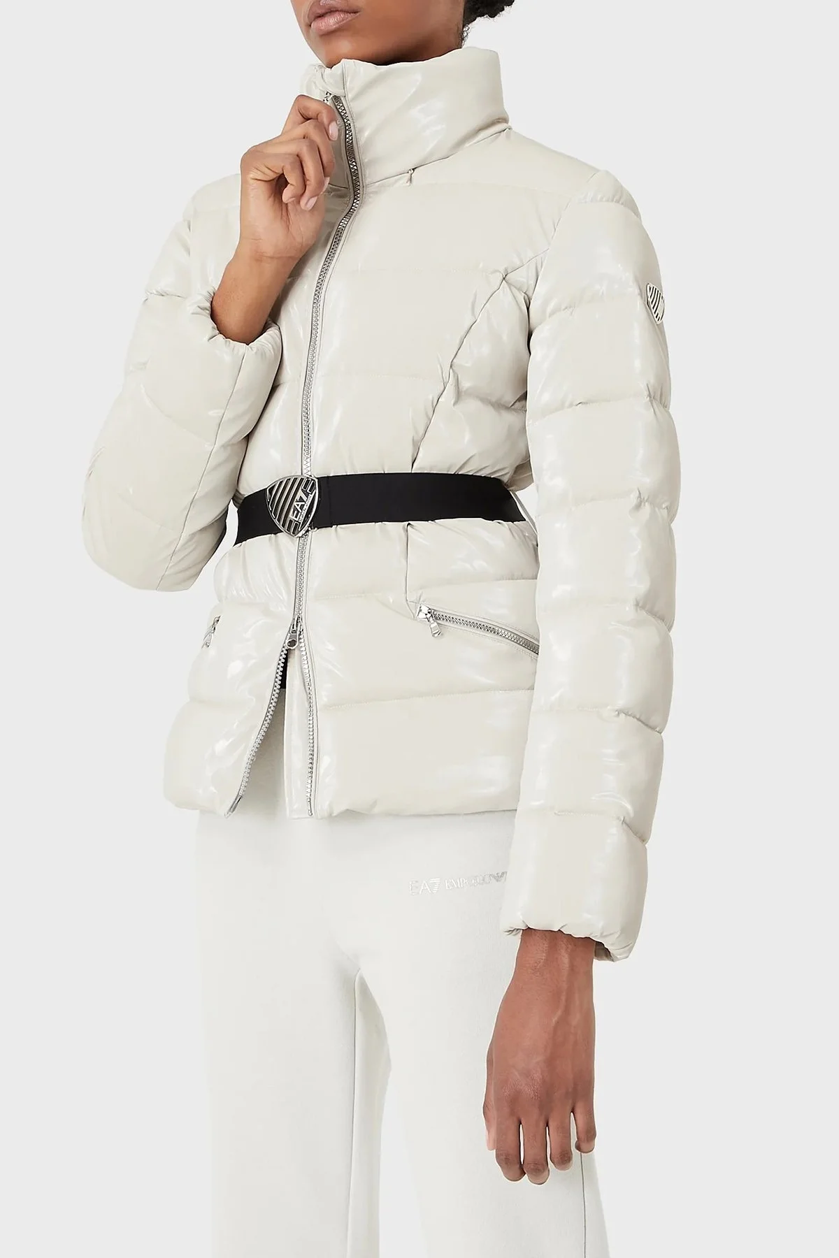 EA7 Logolu Regular Fit Kemerli Parlak Görünümlü Dik Yaka Bayan Mont 6LTB12 TNAUZ 1720 BEJ - 1