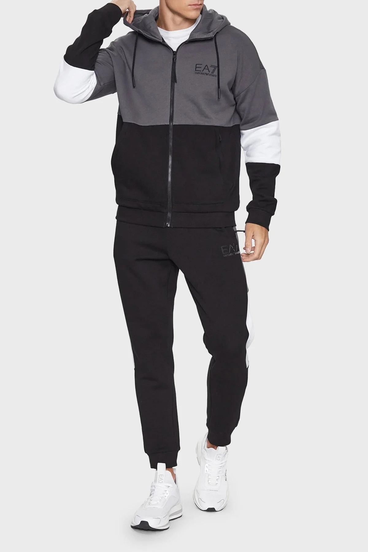 EA7 Logolu Renk Bloklu Kapüşonlu Fermuarlı Regular Fit Erkek Eşofman Takımı 6RPV55 PJ07Z 1200 SİYAH - 1