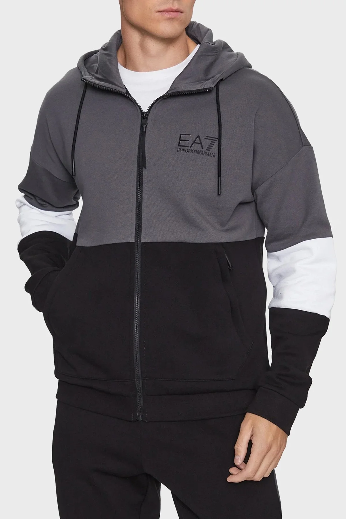 EA7 Logolu Renk Bloklu Kapüşonlu Fermuarlı Regular Fit Erkek Eşofman Takımı 6RPV55 PJ07Z 1200 SİYAH - 3