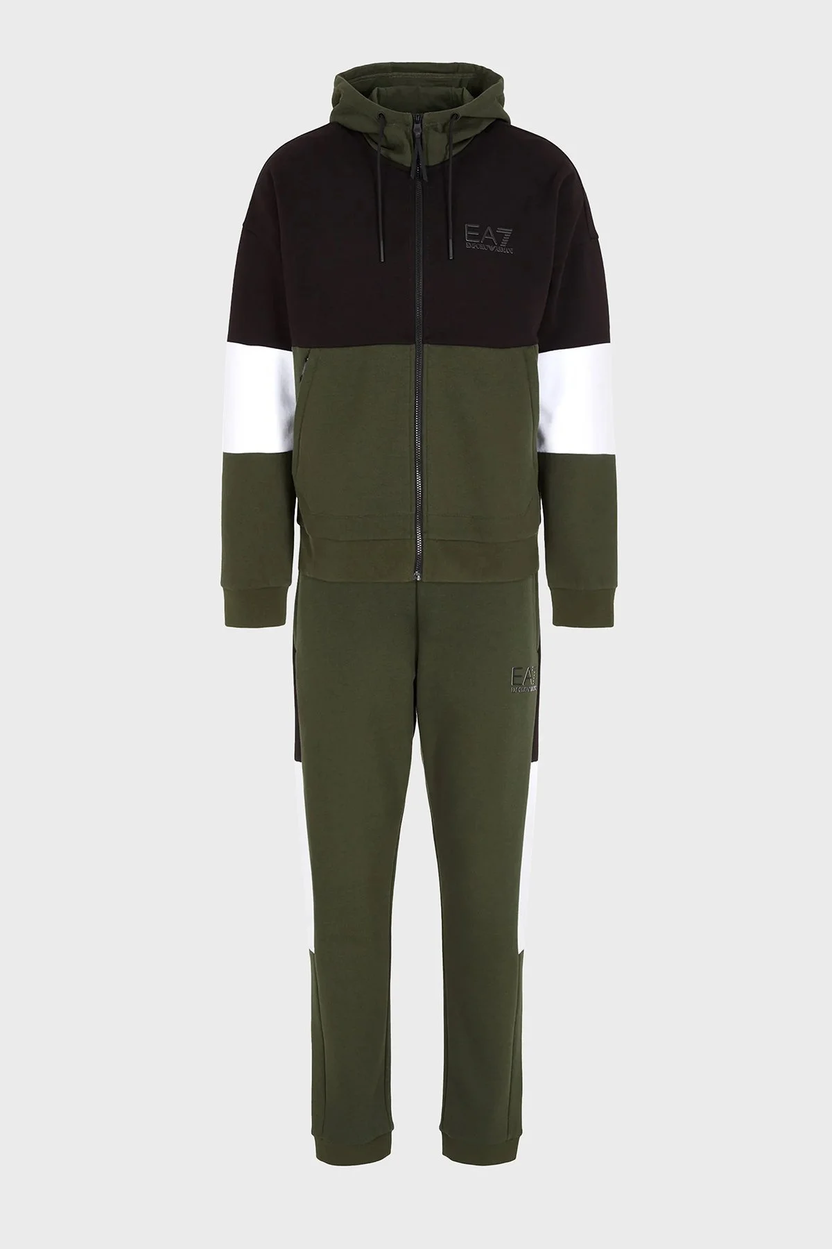 EA7 Logolu Renk Bloklu Kapüşonlu Fermuarlı Regular Fit Erkek Eşofman Takımı 6RPV55 PJ07Z 1845 SİYAH-HAKİ - 6