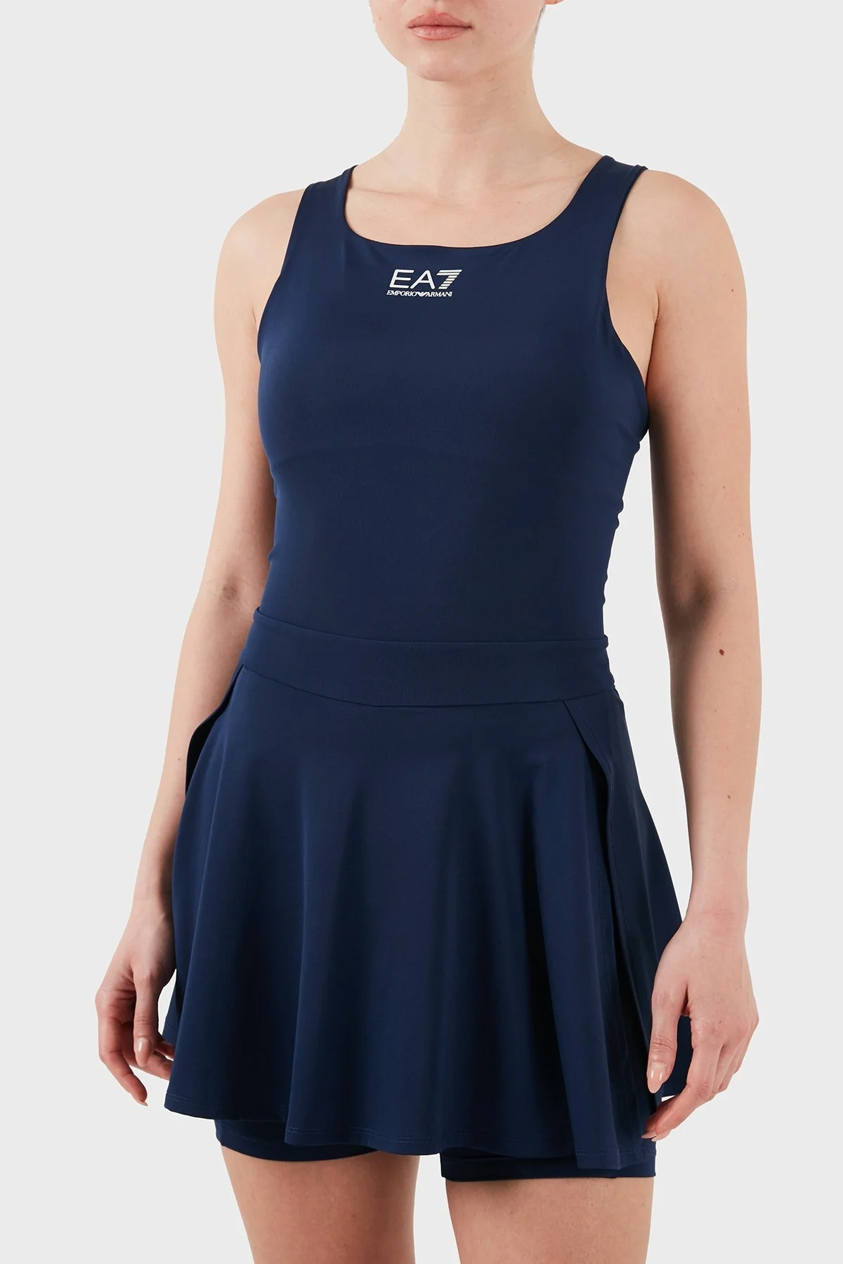 EA7 Logolu Slim Fit Yuvarlak Yaka Kalın Askılı Şortlu Pileli Spor Bayan Elbise 7W000202 AF13282 UB107 LACİVERT - 7