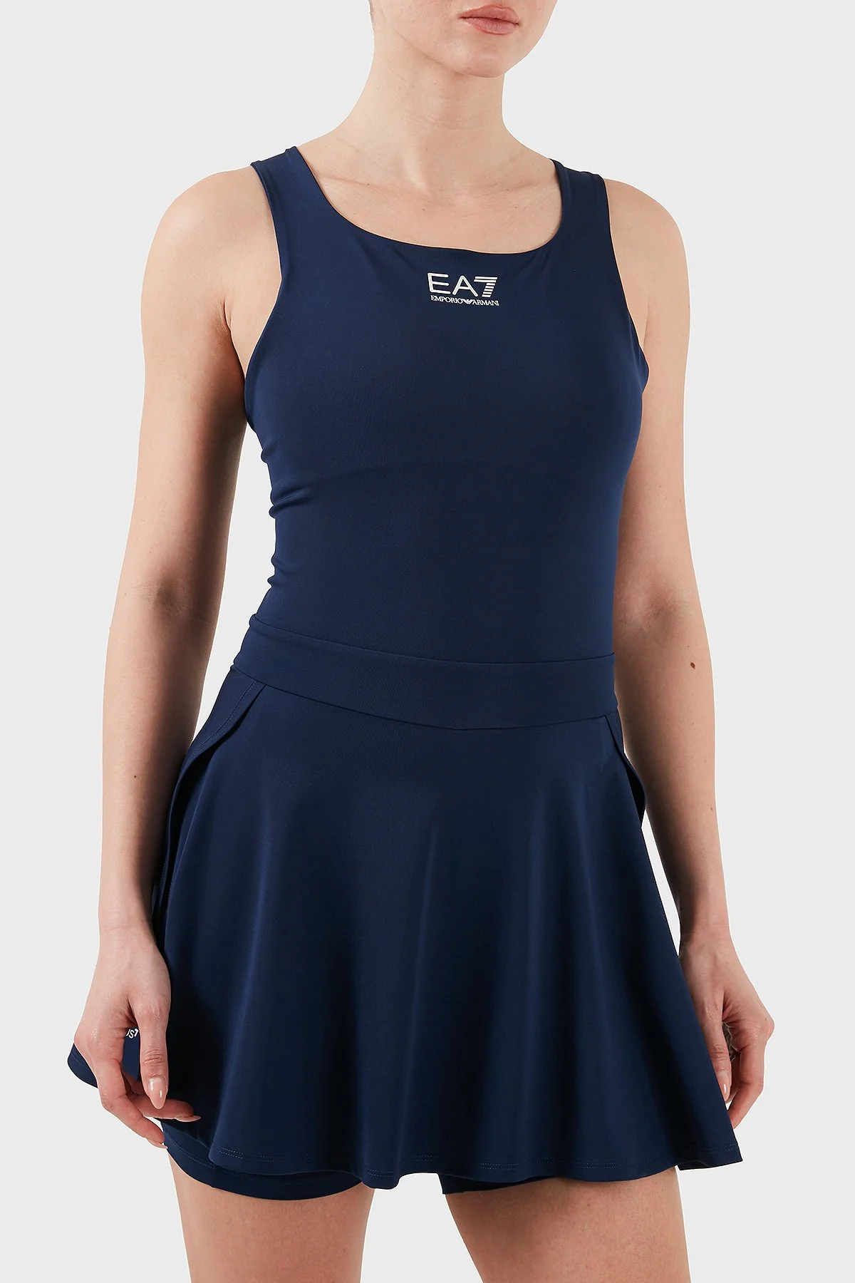 EA7 Logolu Slim Fit Yuvarlak Yaka Kalın Askılı Şortlu Pileli Spor Kadın Elbise 7W000202 AF13282 UB107 LACİVERT - 1