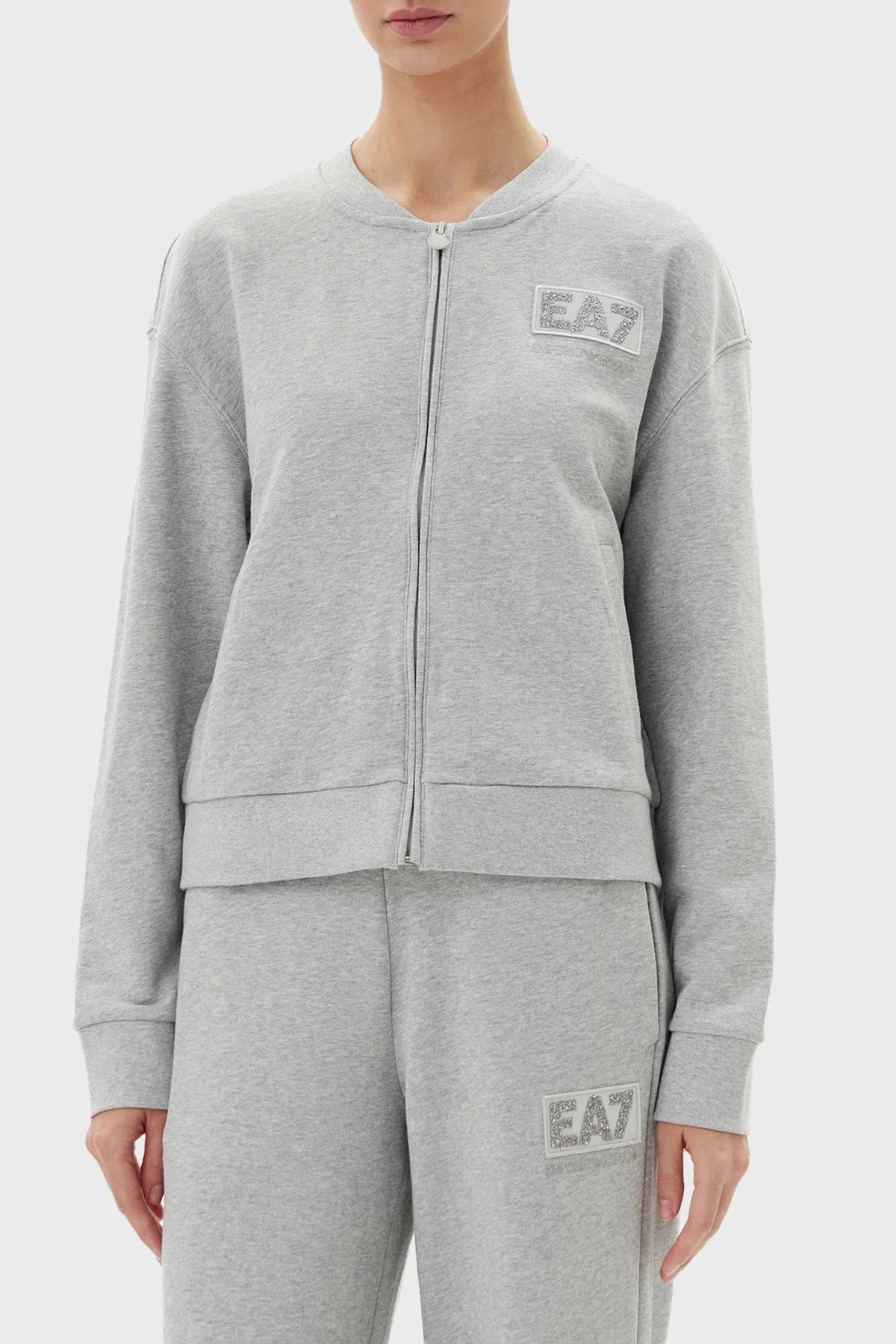 EA7 Logolu Streç Pamuklu Regular Fit Kolej Yaka Kadın Sweat 7W000178 AF12473 O8002 GRİ - 1