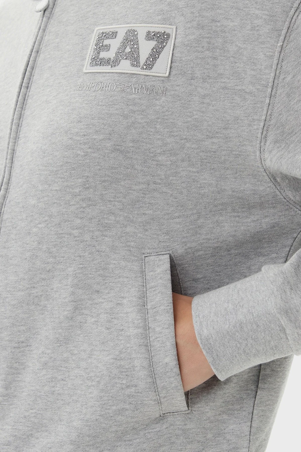 EA7 Logolu Streç Pamuklu Regular Fit Kolej Yaka Kadın Sweat 7W000178 AF12473 O8002 GRİ - 4