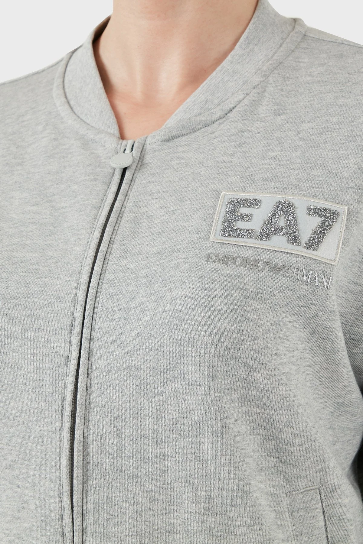 EA7 Logolu Streç Pamuklu Regular Fit Kolej Yaka Kadın Sweat 7W000178 AF12473 O8002 GRİ - 5