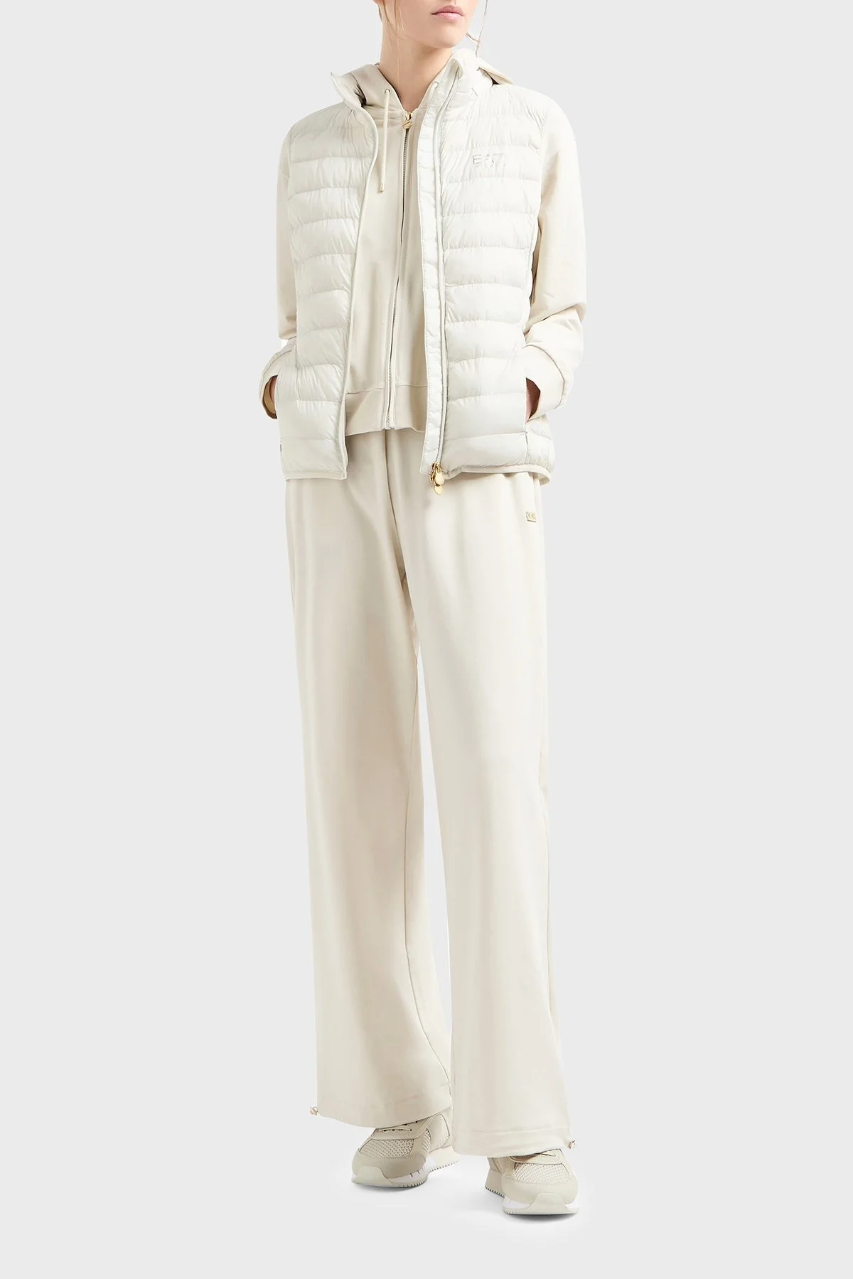 EA7 Logolu Streç Pamuklu Relaxed Fit Kapüşonlu Bayan Eşofman Takımı 7W000086 AF13135 U1112 KREM - 1
