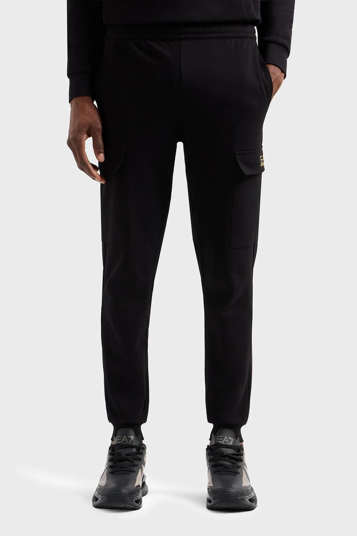 EA7 Logolu Streç Pamuklu Slim Fit Yüksek Bel Kargo Cepli Jogger Erkek Pantolon 8NPP67 PJVRZ 0208 SİYAH - 1