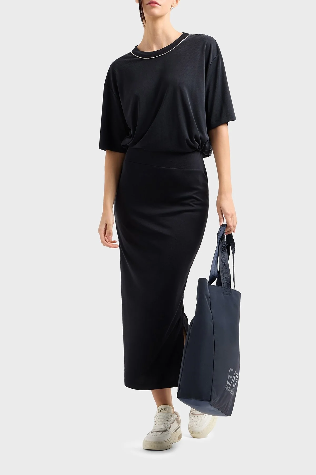 EA7 Oversize Fit Bisiklet Yaka Taş Detaylı Bayan T Shirt 7W000340 AF12956 UC001 SİYAH - 2