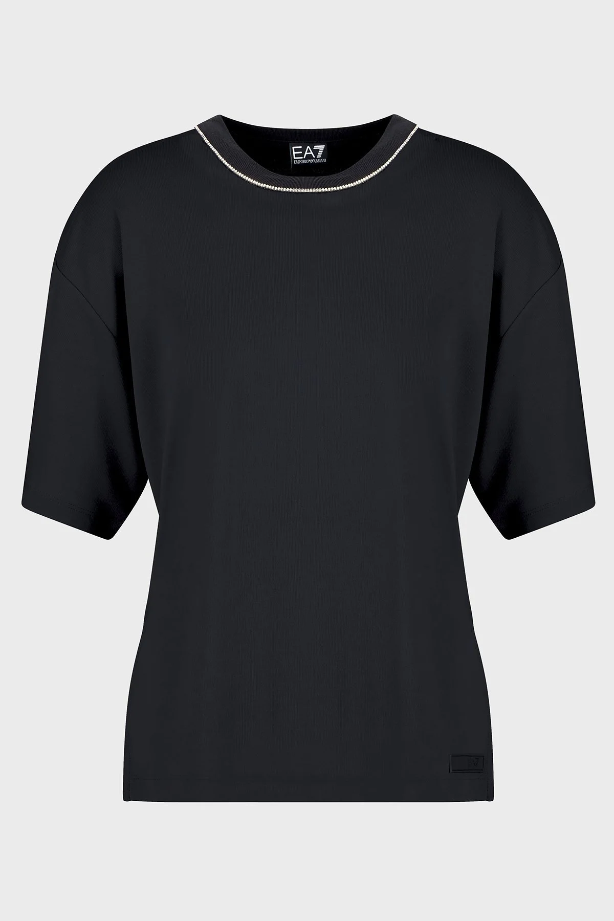 EA7 Oversize Fit Bisiklet Yaka Taş Detaylı Bayan T Shirt 7W000340 AF12956 UC001 SİYAH - 5