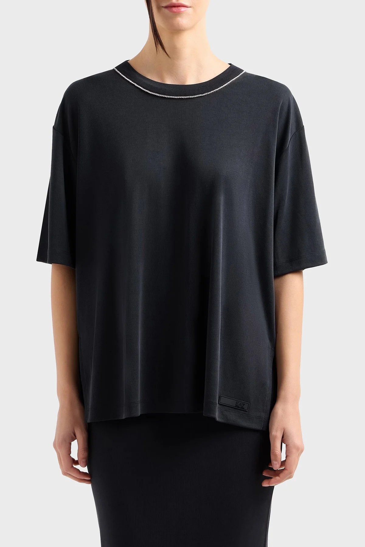 EA7 Oversize Fit Bisiklet Yaka Taş Detaylı Kadın T Shirt 7W000340 AF12956 UC001 SİYAH - 1