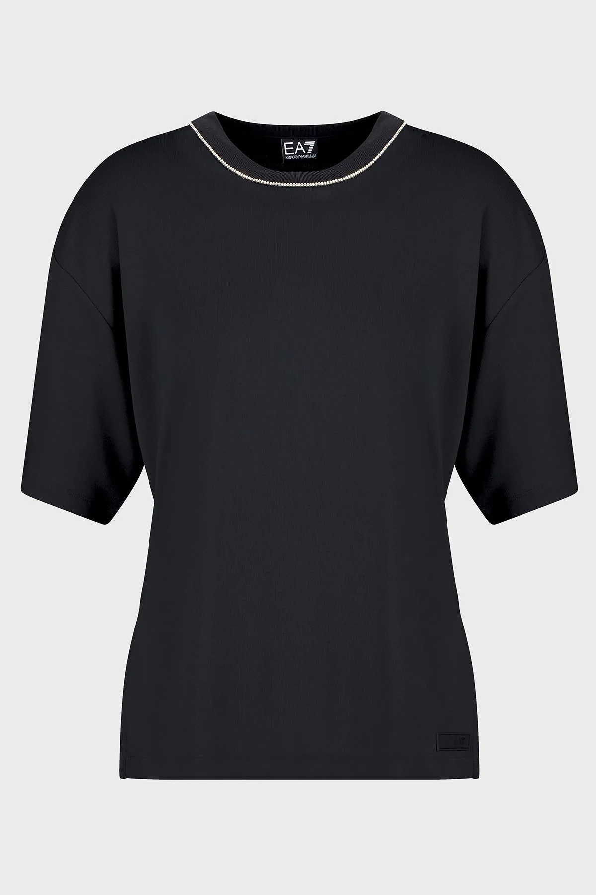 EA7 Oversize Fit Bisiklet Yaka Taş Detaylı Kadın T Shirt 7W000340 AF12956 UC001 SİYAH - 5
