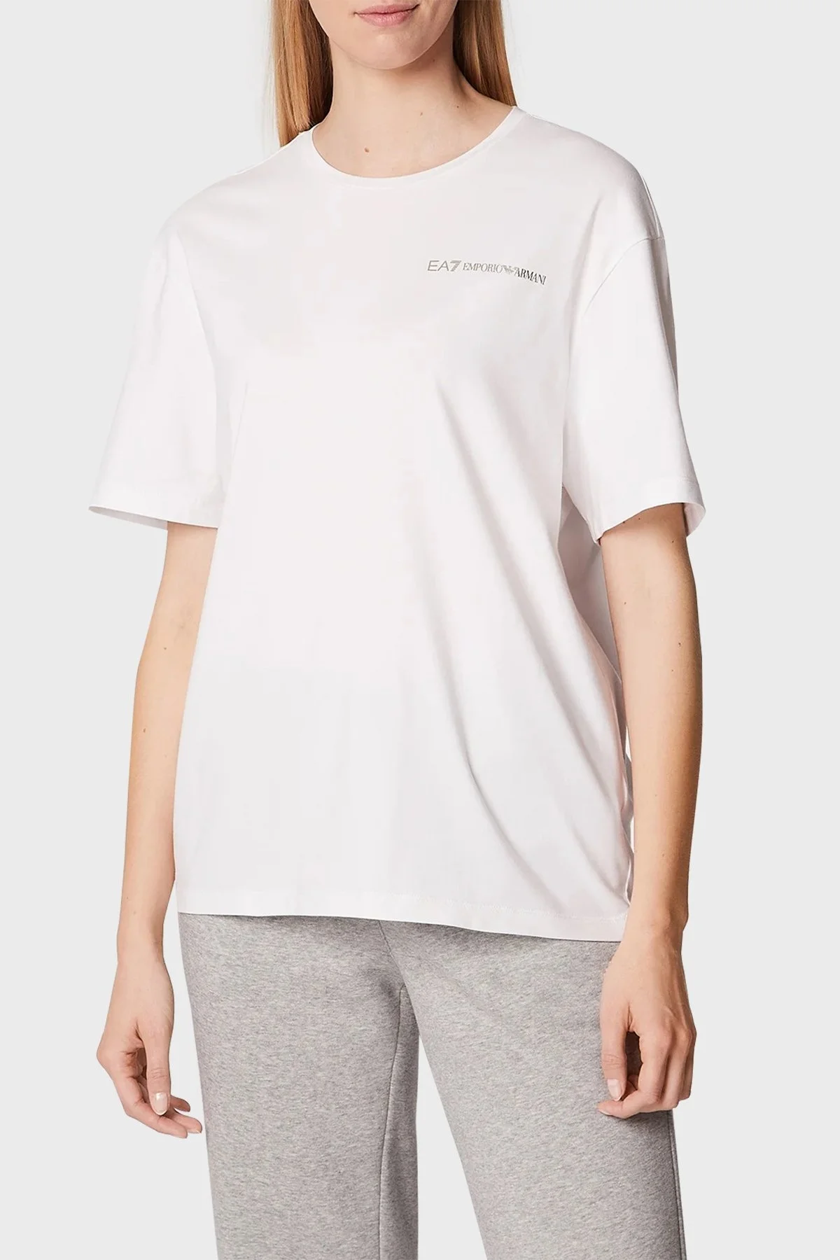 EA7 Pamuk Karışımlı Bisiklet Yaka Regular Fit Bayan T Shirt 6LTT09 TJGCZ 0100 BEYAZ - 1