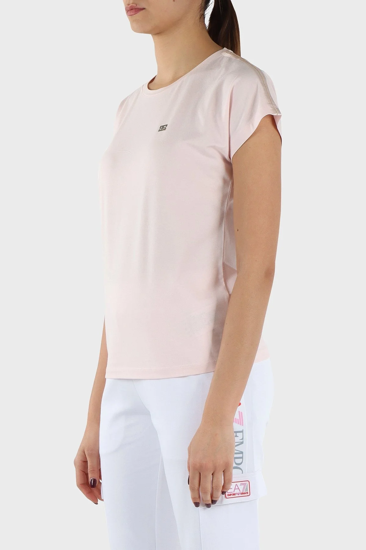 EA7 Pamuk Karışımlı Bisiklet Yaka Slim Fit Bayan T Shirt 3DTT41 TJVAZ 1422 PUDRA - 5