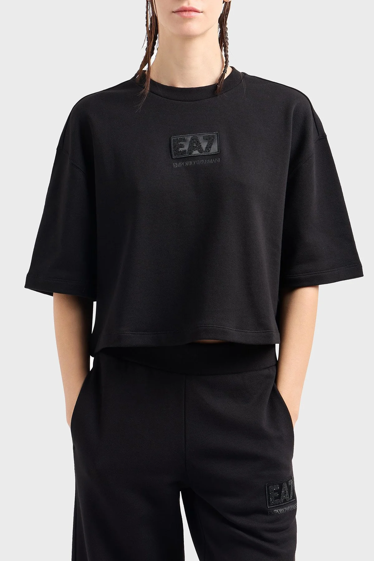 EA7 Pamuk Karışımlı Regular Fit Bisiklet Yaka Kadın T Shirt 7W000177 AF12473 UC001 SİYAH - 1