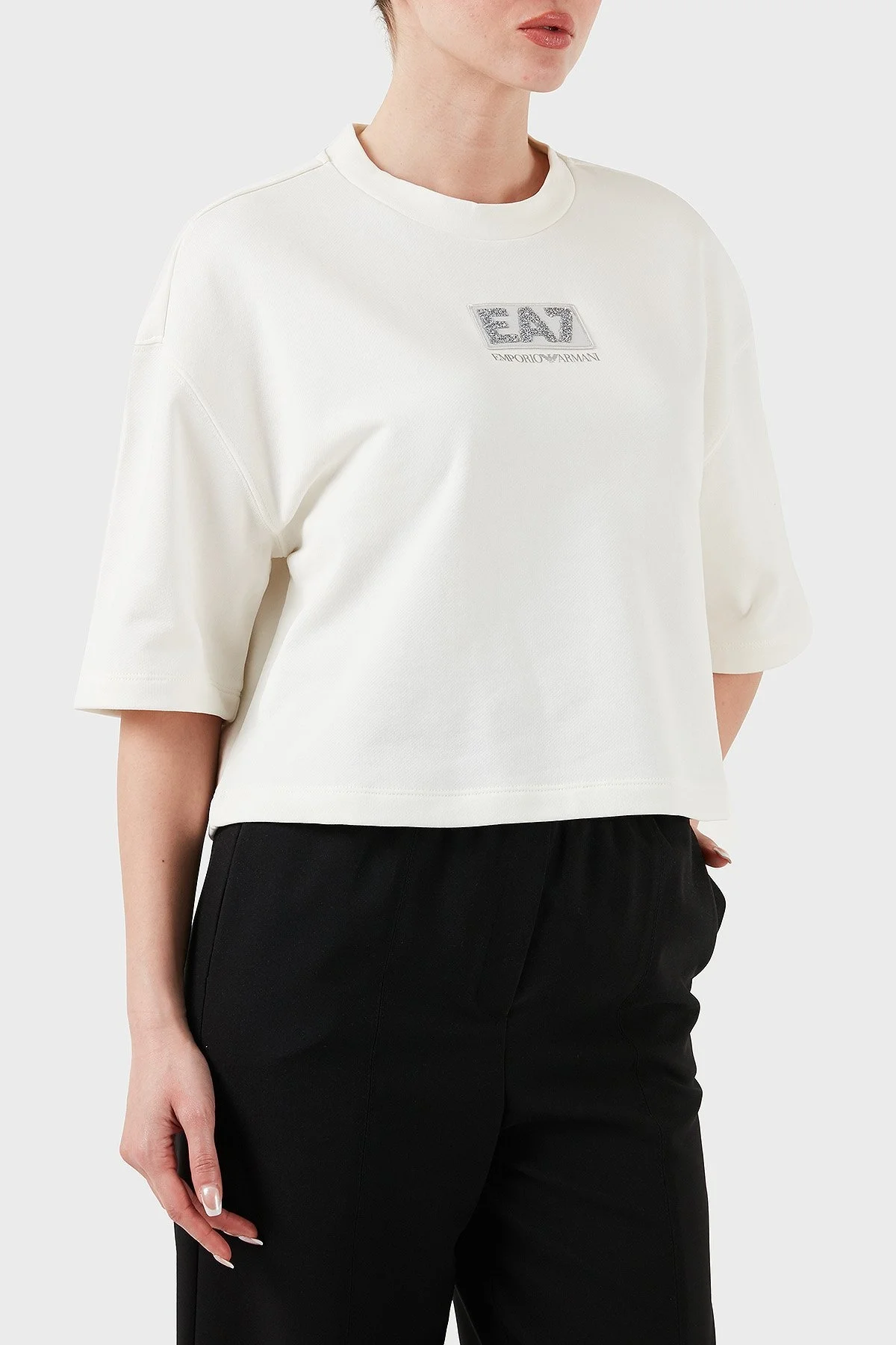 EA7 Pamuk Karışımlı Regular Fit Bisiklet Yaka Logolu Bayan T Shirt 7W000177 AF12473 U0005 EKRU - 4