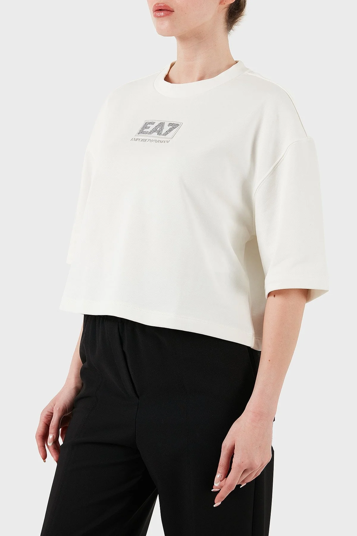 EA7 Pamuk Karışımlı Regular Fit Bisiklet Yaka Logolu Bayan T Shirt 7W000177 AF12473 U0005 EKRU - 5