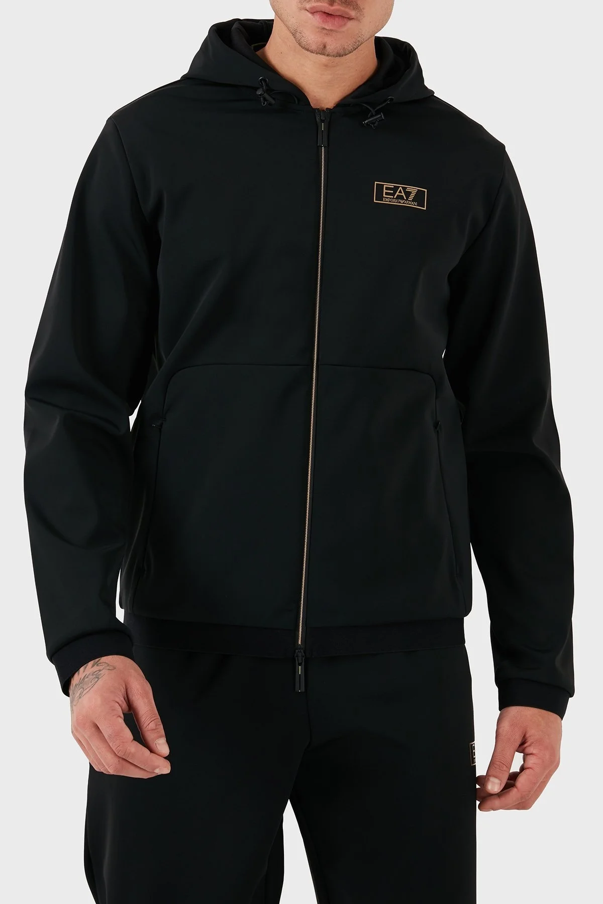 EA7 Pamuk Karışımlı Regular Fit Kapüşonlu Çift Yönlü Fermuar Erkek Sweat 7M000035 AF10343 UC001 SİYAH - 1