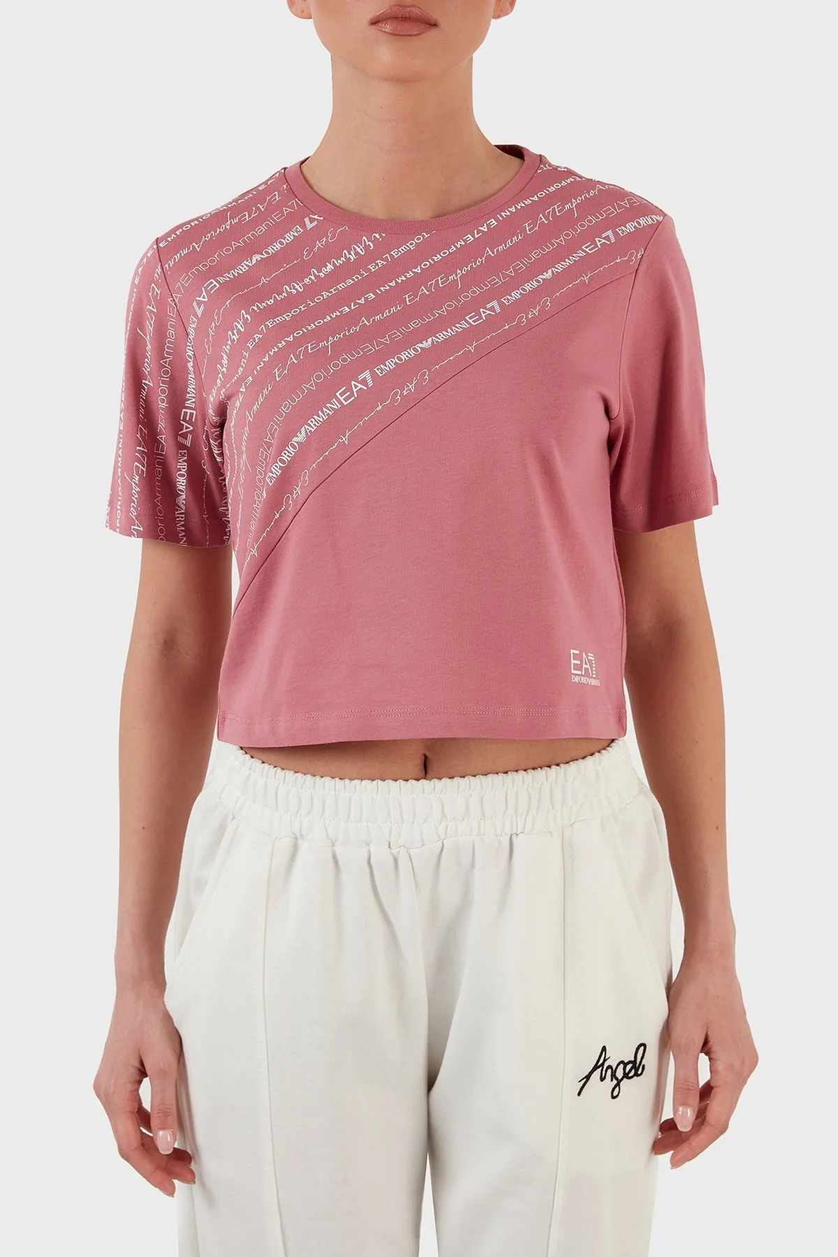 EA7 Pamuklu Baskılı Bisiklet Yaka Crop Bayan T Shirt 3LTT11 TJAQZ 1413 PEMBE - 1