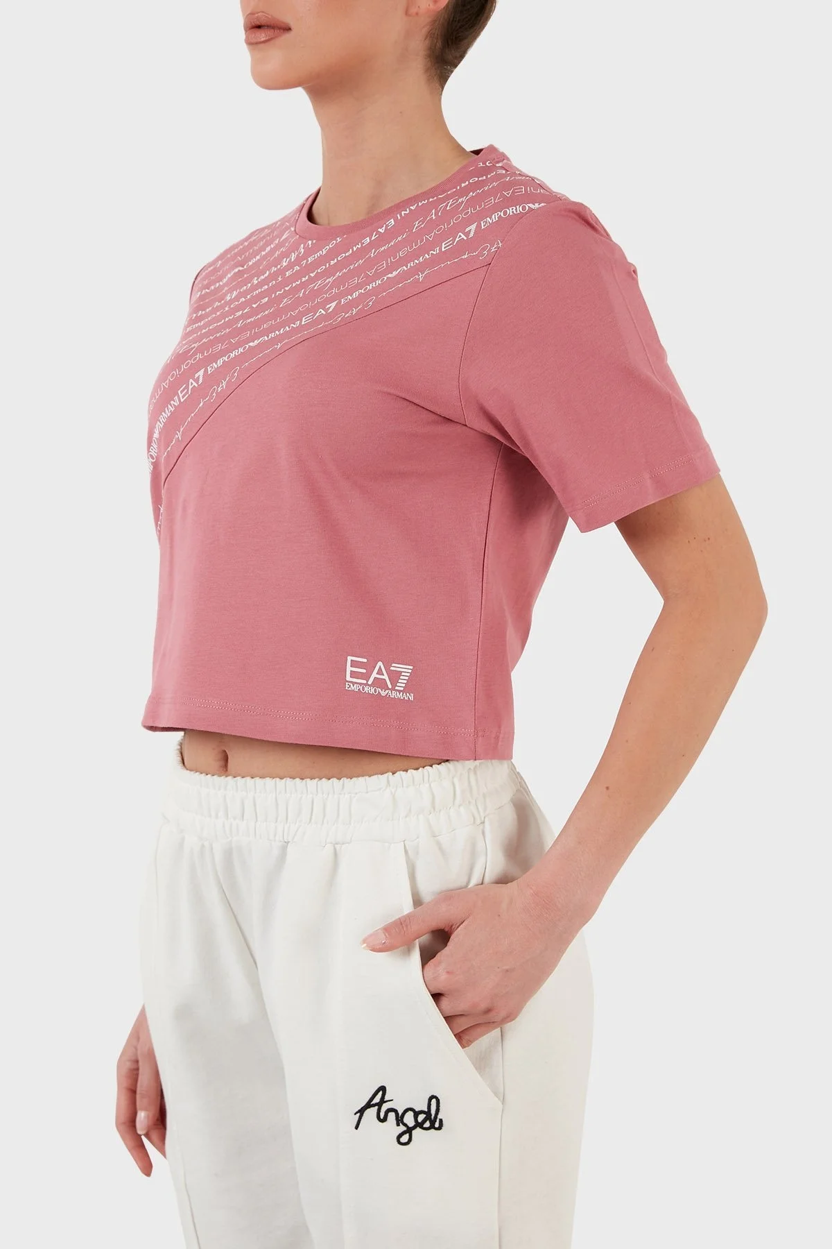 EA7 Pamuklu Baskılı Bisiklet Yaka Crop Bayan T Shirt 3LTT11 TJAQZ 1413 PEMBE - 2