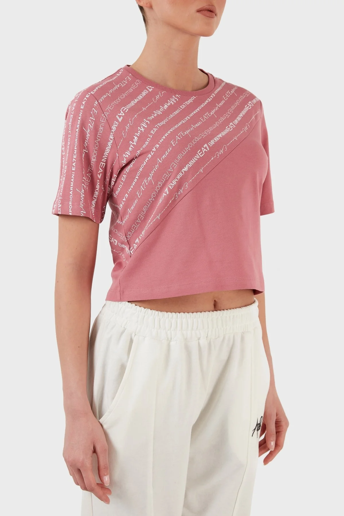 EA7 Pamuklu Baskılı Bisiklet Yaka Crop Bayan T Shirt 3LTT11 TJAQZ 1413 PEMBE - 3