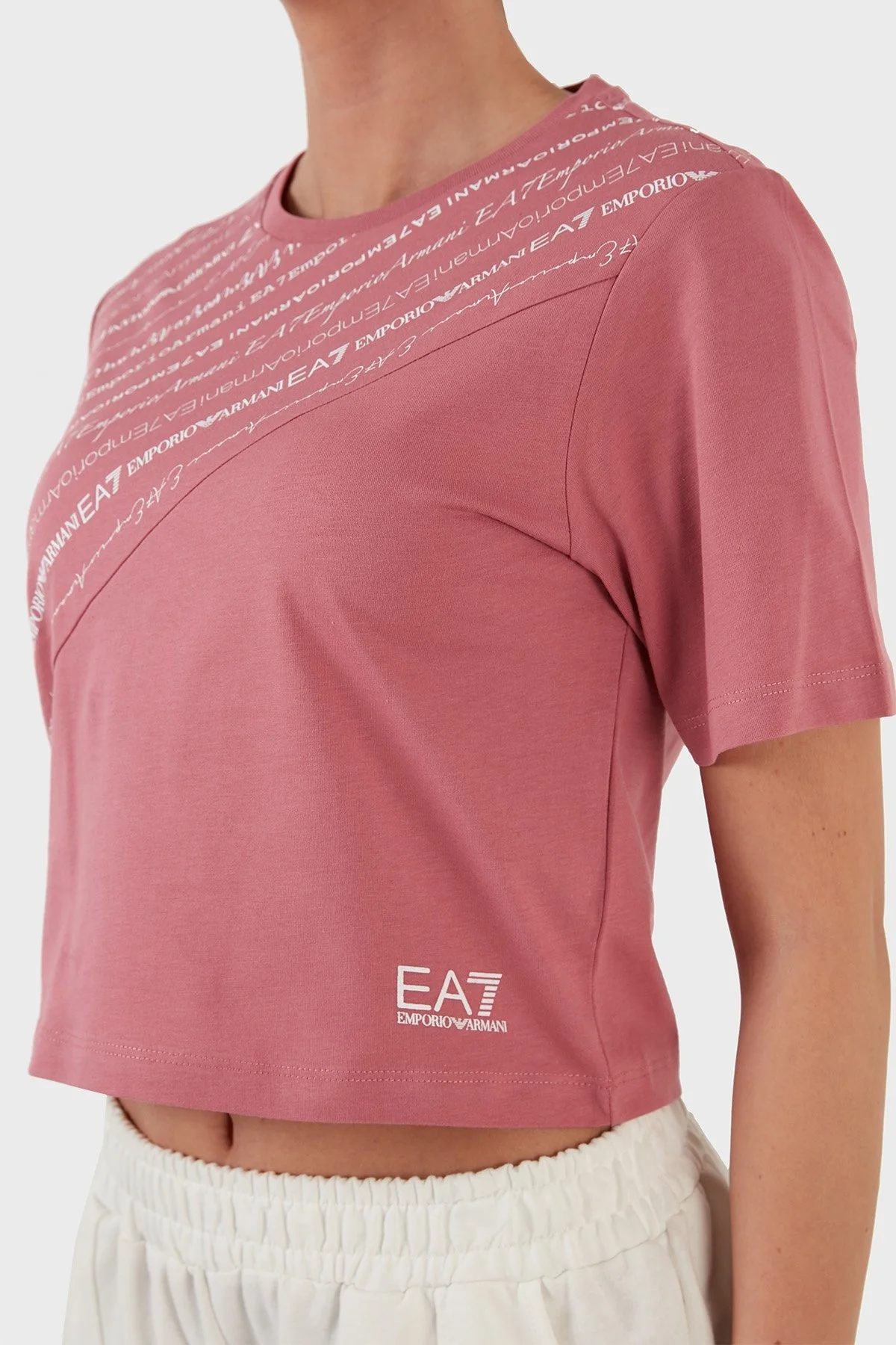 EA7 Pamuklu Baskılı Bisiklet Yaka Crop Bayan T Shirt 3LTT11 TJAQZ 1413 PEMBE - 4