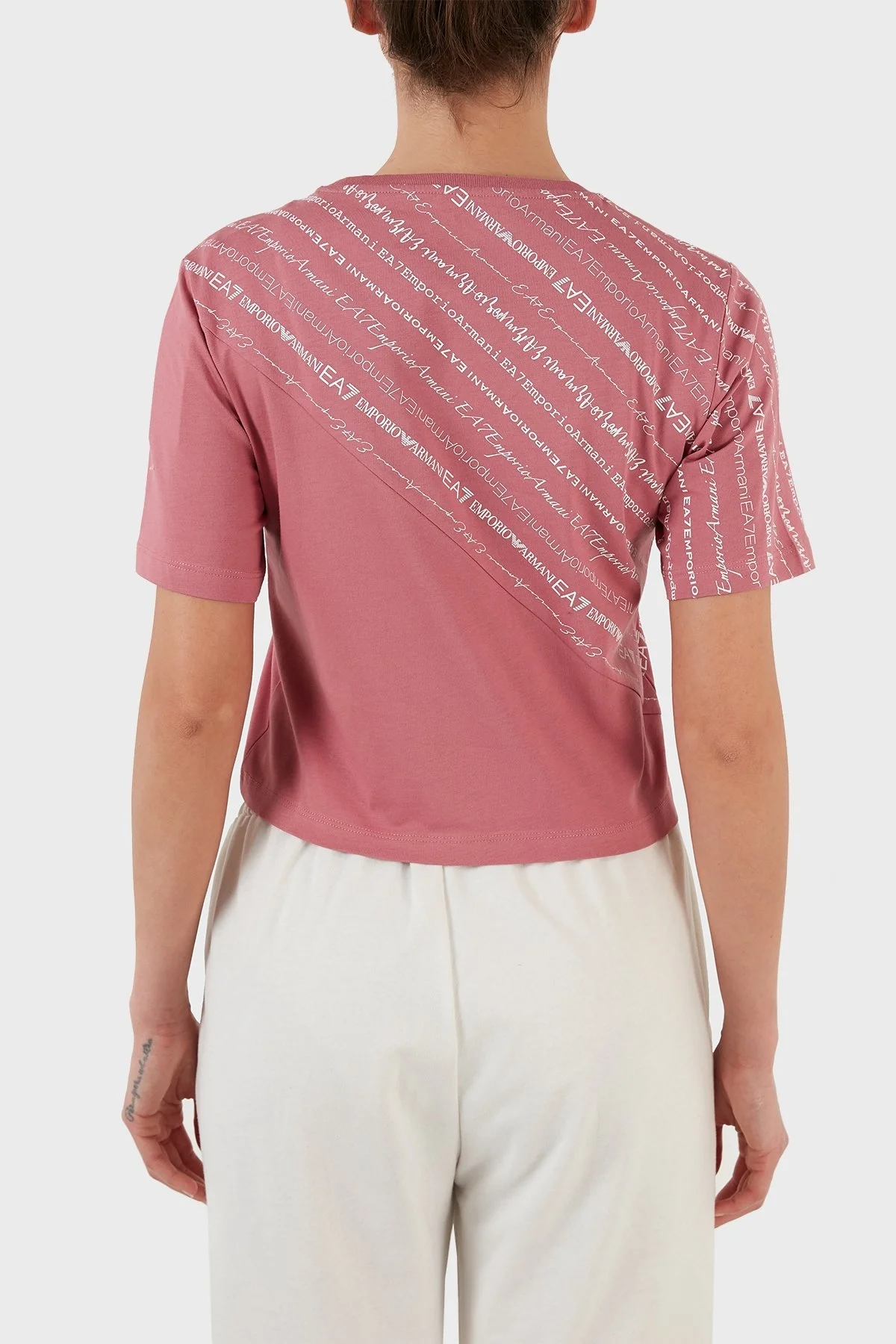 EA7 Pamuklu Baskılı Bisiklet Yaka Crop Bayan T Shirt 3LTT11 TJAQZ 1413 PEMBE - 5