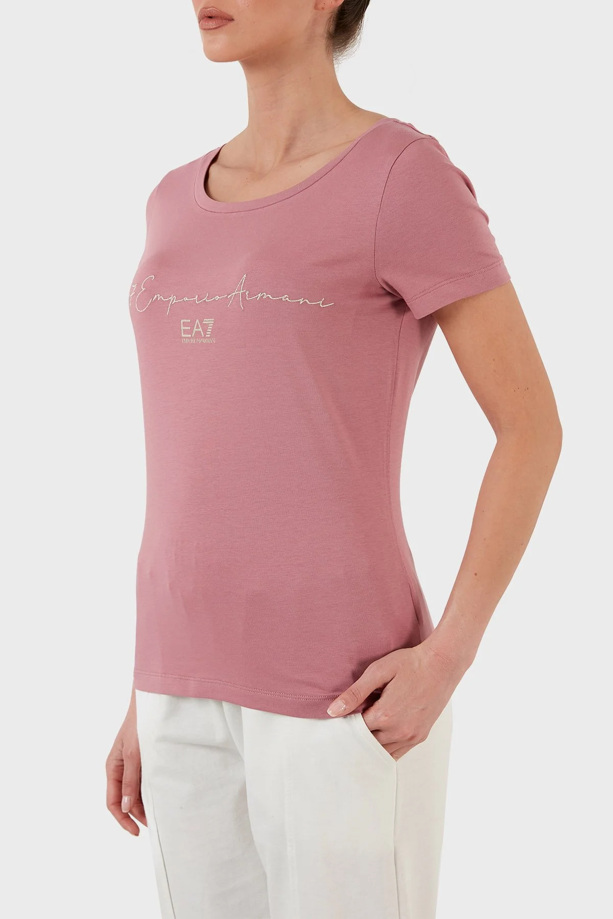 EA7 Pamuklu Baskılı Regular Fit Bisiklet Yaka Kadın T Shirt 3LTT16 TJCRZ 1413 PEMBE - 3