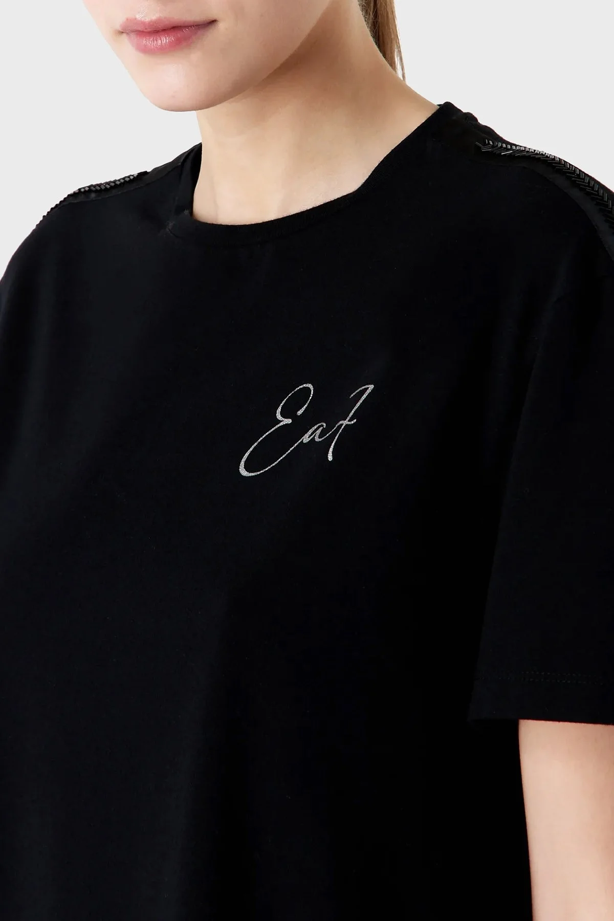 EA7 Pamuklu Boyfriend Fit Bisiklet Yaka Bayan T Shirt 6RTT10 TJDZZ 1200 SİYAH - 2