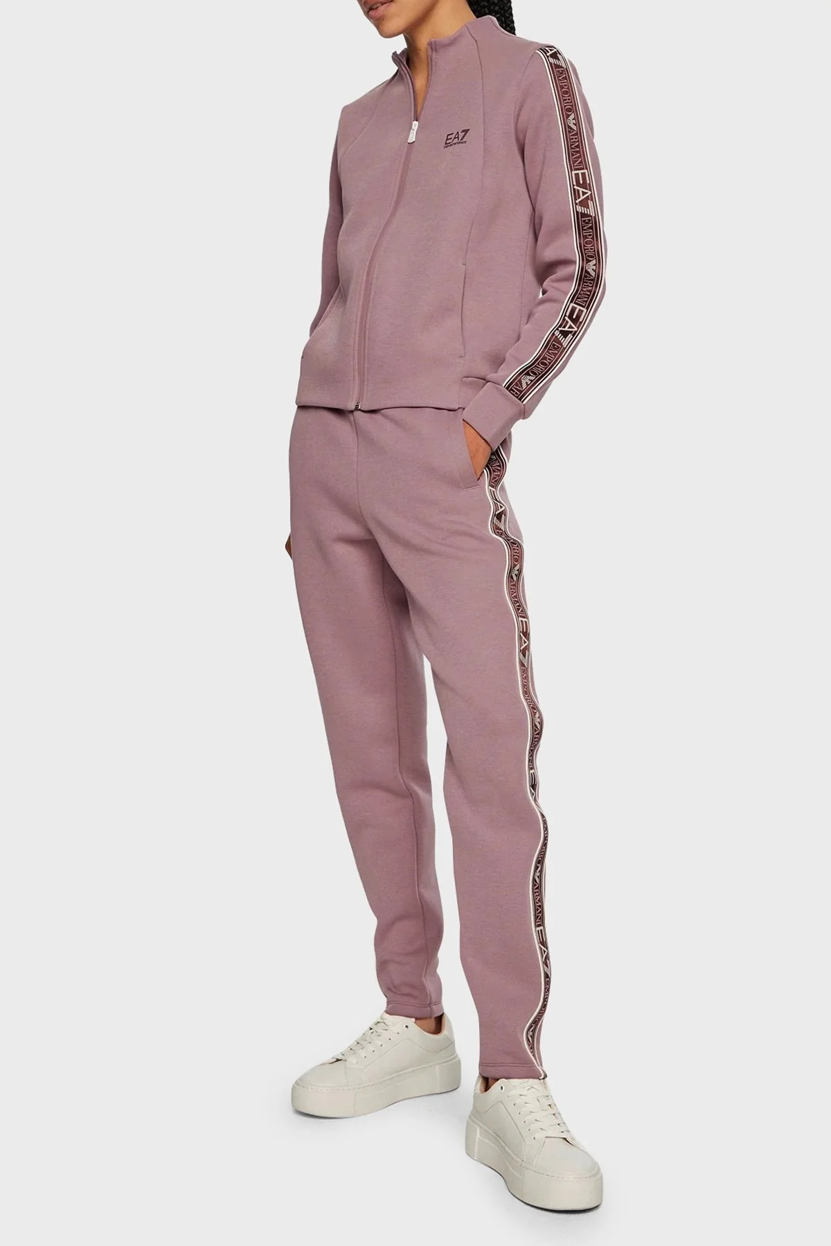 EA7 Pamuklu Logolu Regular Fit Yüksek Bel Düz Paça Sıfır Yaka Fermuarlı Bayan Eşofman Takımı 6DTV51 TJUXZ 1341 LİLA - 1