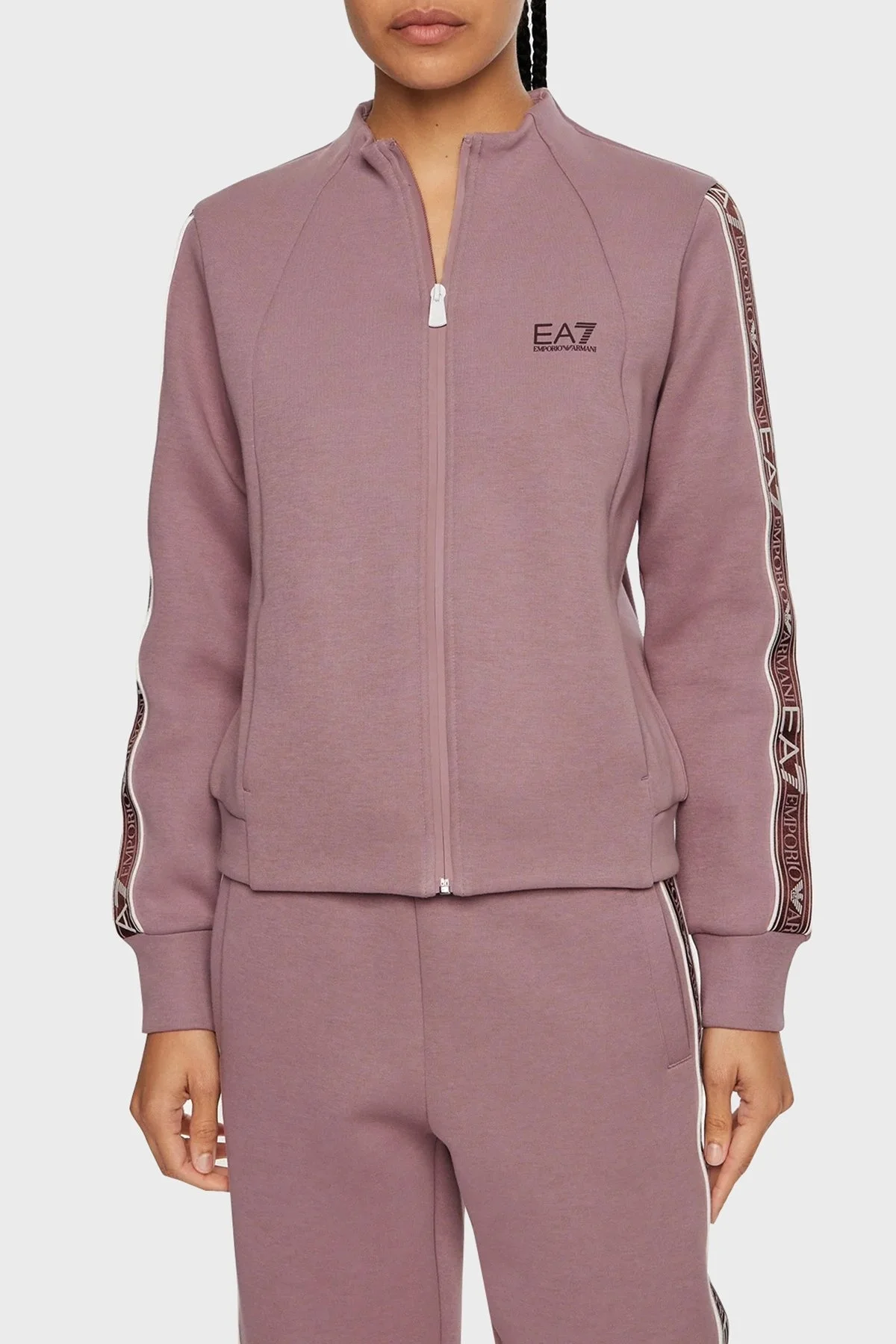 EA7 Pamuklu Logolu Regular Fit Yüksek Bel Düz Paça Sıfır Yaka Fermuarlı Bayan Eşofman Takımı 6DTV51 TJUXZ 1341 LİLA - 3