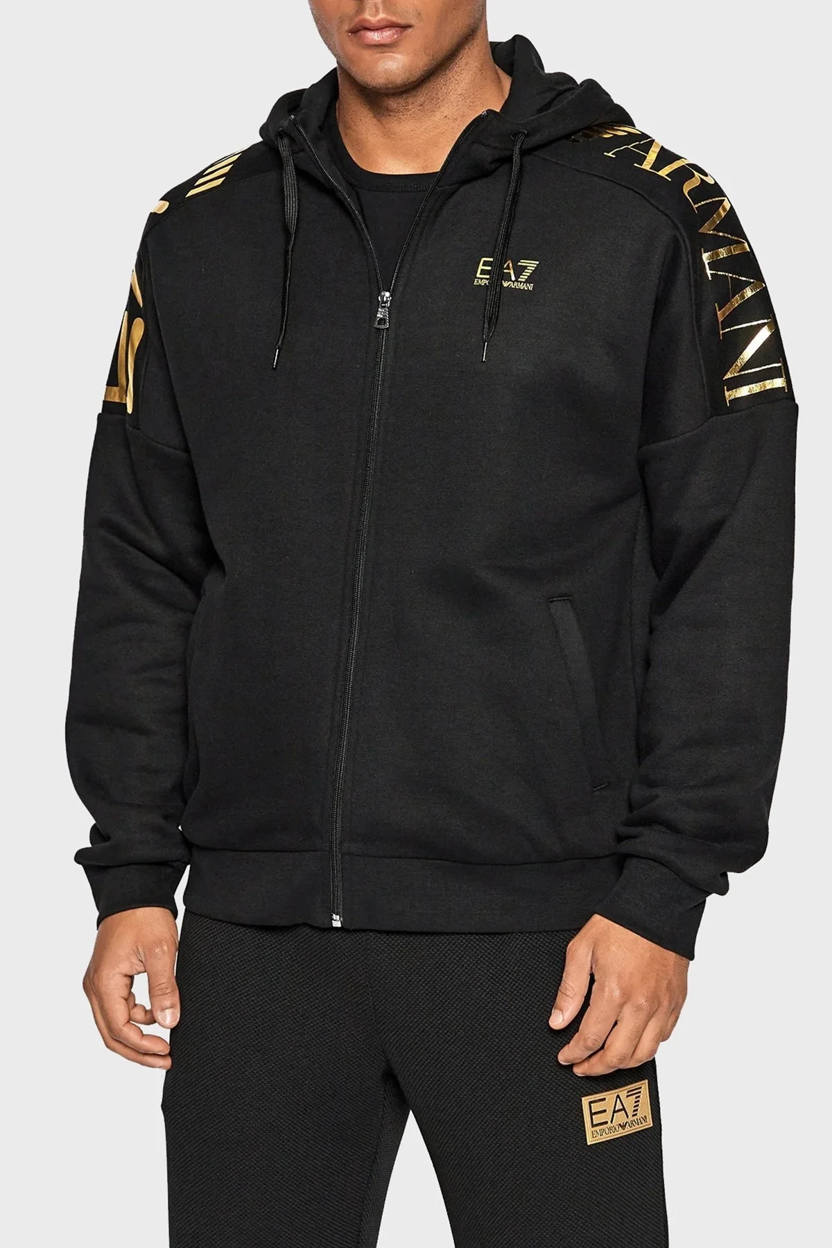 EA7 Pamuklu Regular Fit Fermuarlı Kapüşonlu Erkek Sweat 6LPM56 PJHLZ 1200 SİYAH - 1