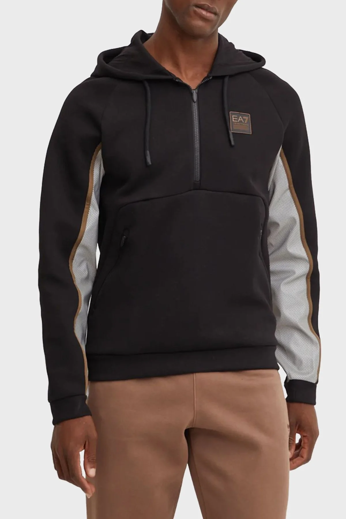EA7 Pamuklu Regular Fit Renk Bloklu Yarım Fermuarlı Kapüşonlu Erkek Sweat 6DPM37 PJODZ 1200 SİYAH - 1