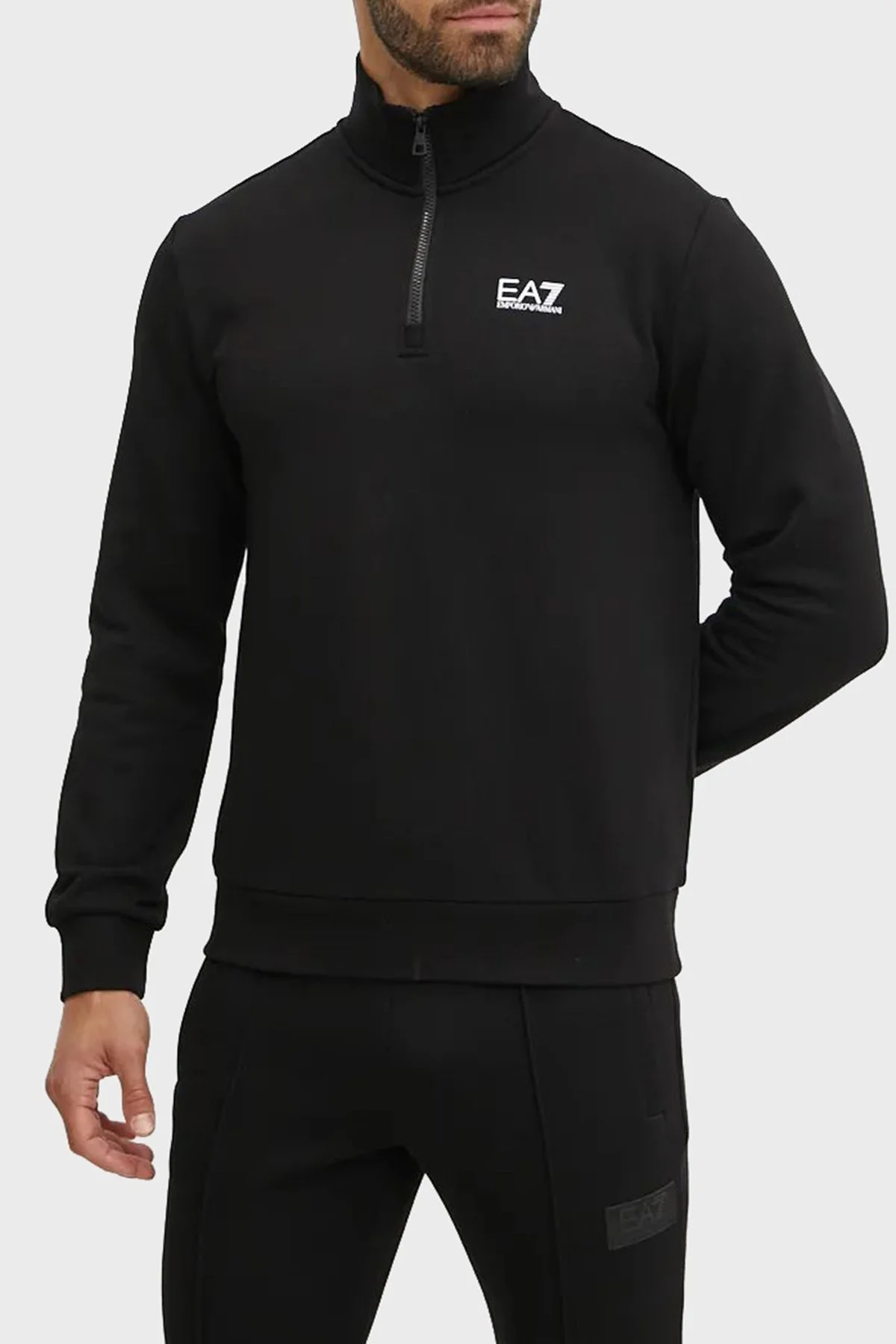 EA7 Pamuklu Regular Fit Yarım Fermuarlı Dik Yaka Erkek Sweat 8NPM35 PJVTZ 1200 SİYAH - 1