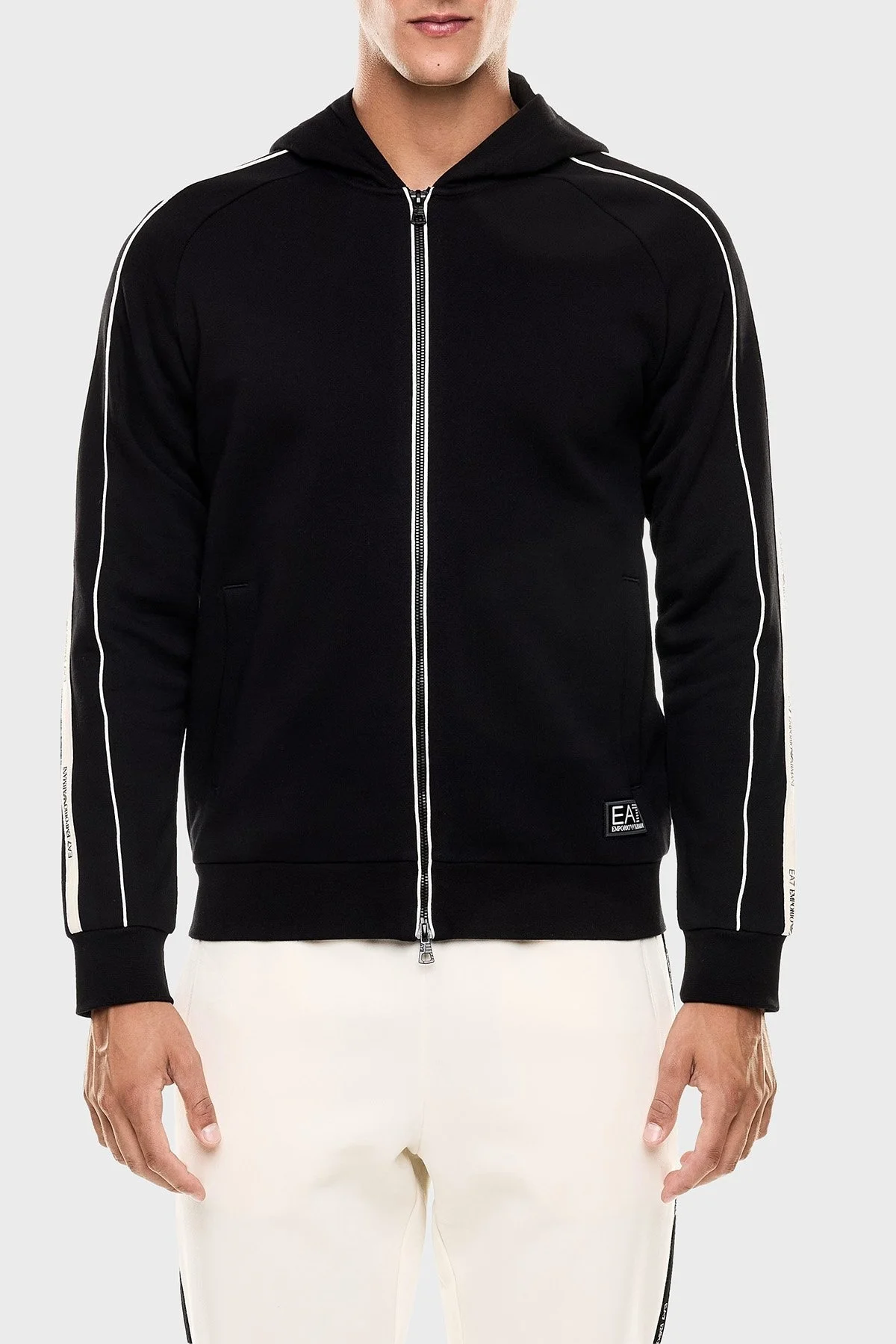 EA7 Pamuklu Şerit Detaylı Regular Fit Kapüşonlu Fermuarlı Erkek Sweat 7M000973 AF10377 UC001 SİYAH - 1
