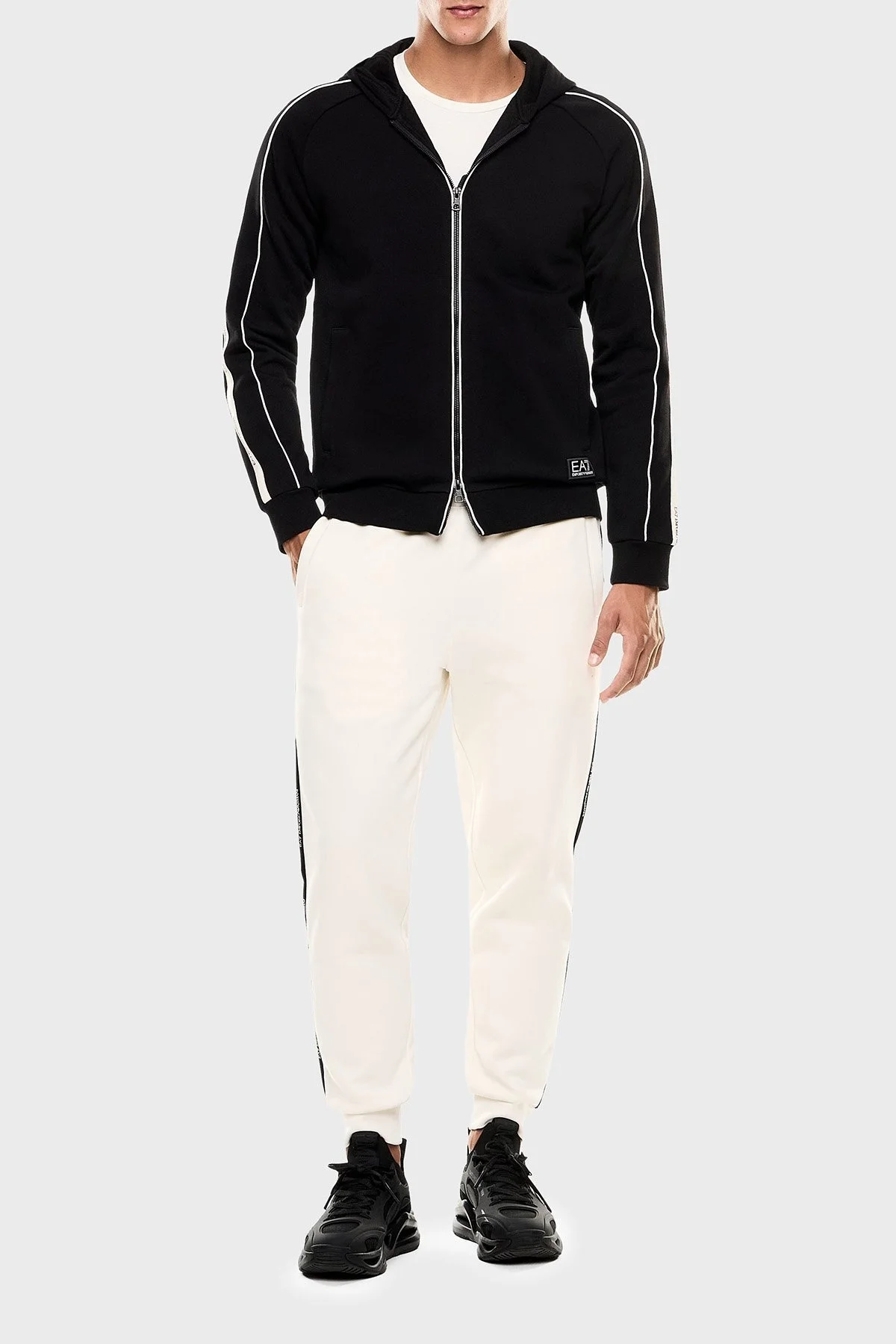 EA7 Pamuklu Şerit Detaylı Regular Fit Kapüşonlu Fermuarlı Erkek Sweat 7M000973 AF10377 UC001 SİYAH - 2