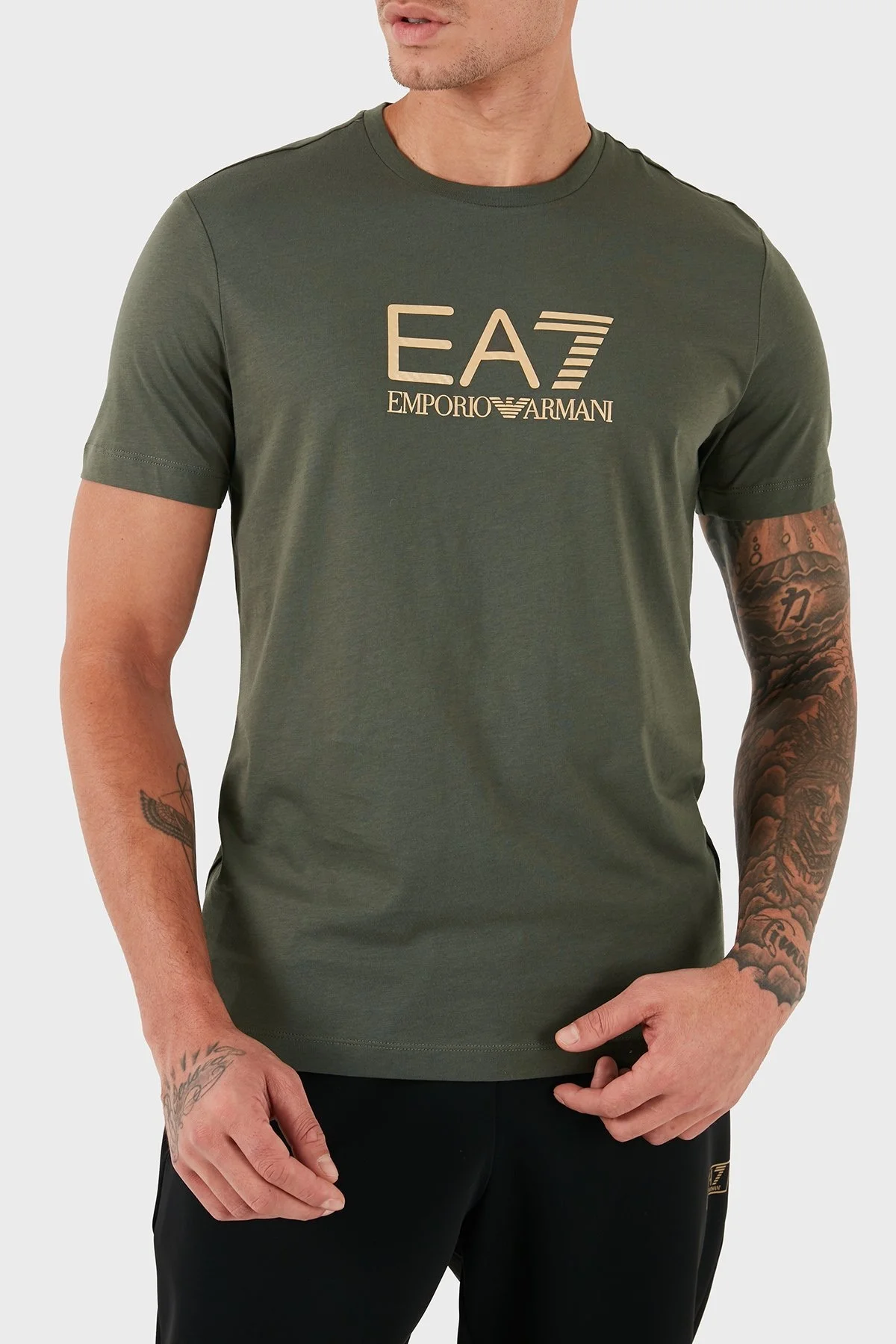 EA7 Pamuklu Slim Fit Bisiklet Yaka Logolu Erkek T Shirt 7M000007 AF10170 U8100 HAKİ - 1