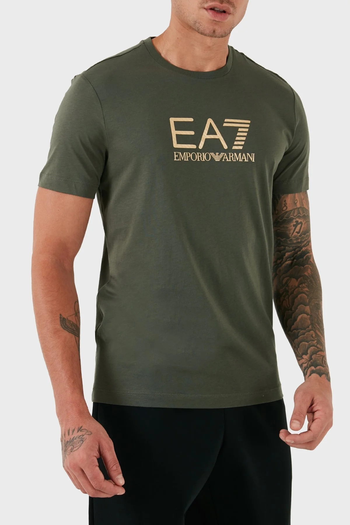 EA7 Pamuklu Slim Fit Bisiklet Yaka Logolu Erkek T Shirt 7M000007 AF10170 U8100 HAKİ - 4