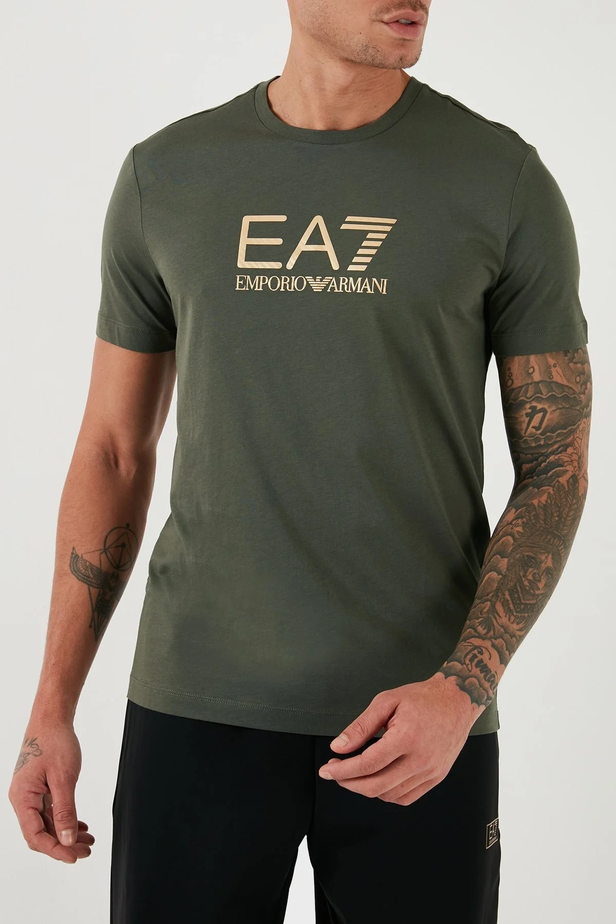 EA7 Pamuklu Slim Fit Bisiklet Yaka Logolu Erkek T Shirt 7M000007 AF10170 U8100 HAKİ - 5