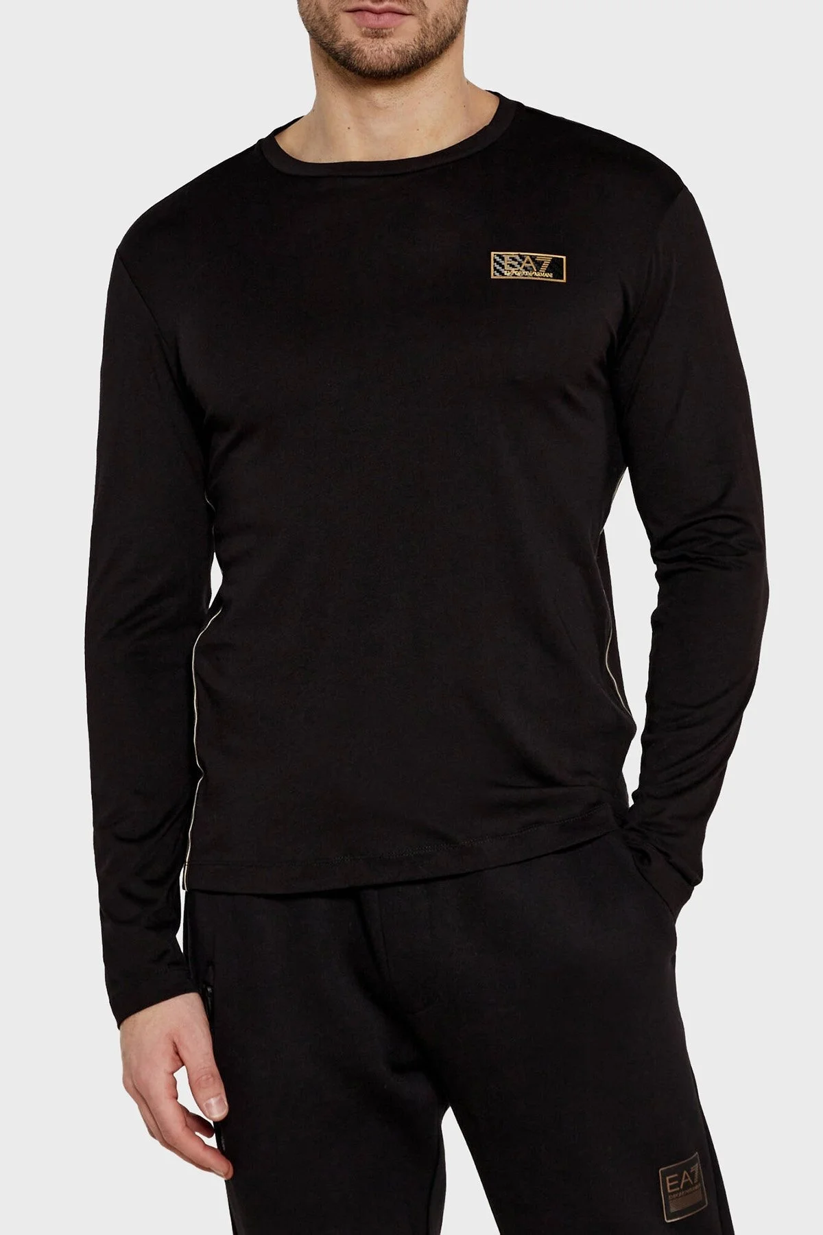 EA7 Pamuklu Slim Fit Bisiklet Yaka Uzun Kollu Erkek T Shirt 7M000008 AF10170 UC001 SİYAH - 1