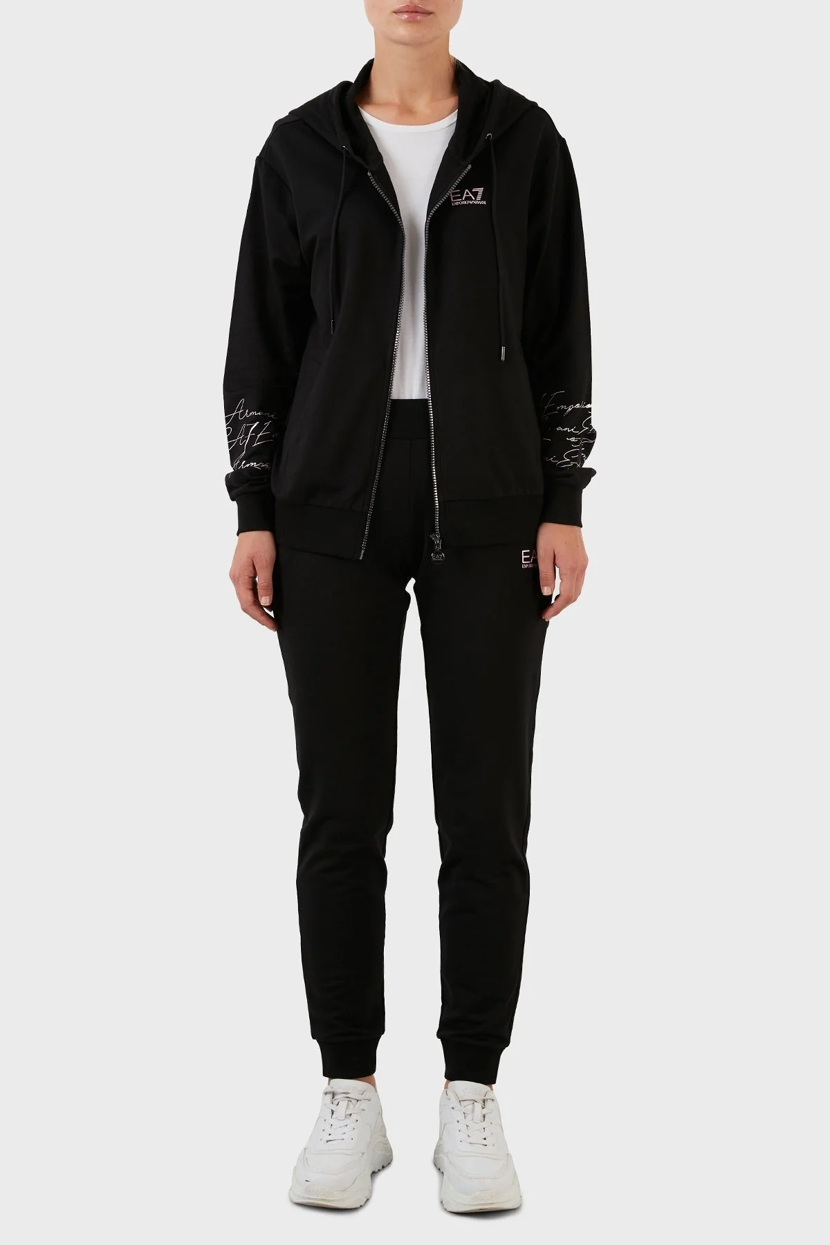 EA7 Pamuklu Slim Fit Fermuarlı Kapüşonlu Eşofman Takım Bayan Eşofman Takımı 6LTV67 TJEAZ 1200 SİYAH - 1